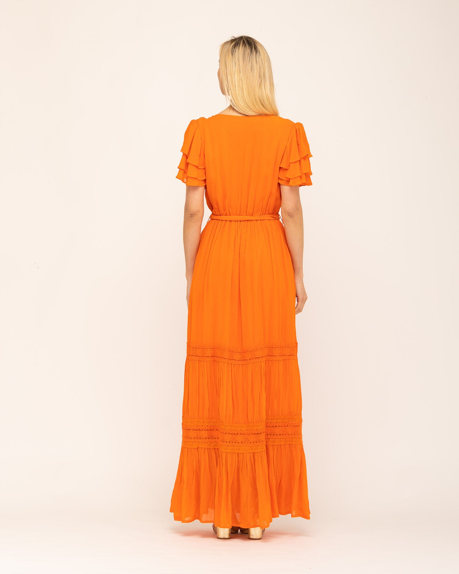 Vestido Comprido Boho de Manga Curta Cannes Laranja-4