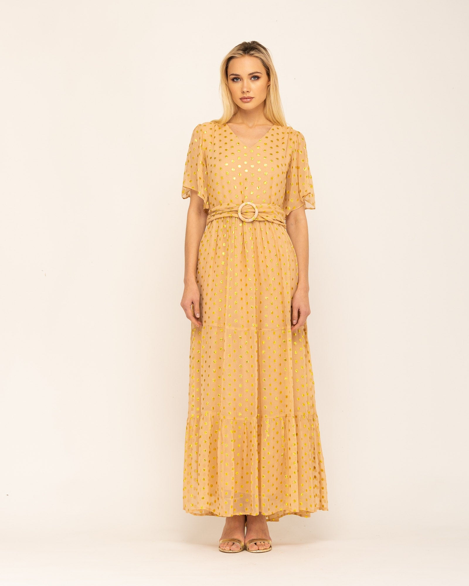 Vestido Comprido Estampado com Folhos Kerala Amarelo-1