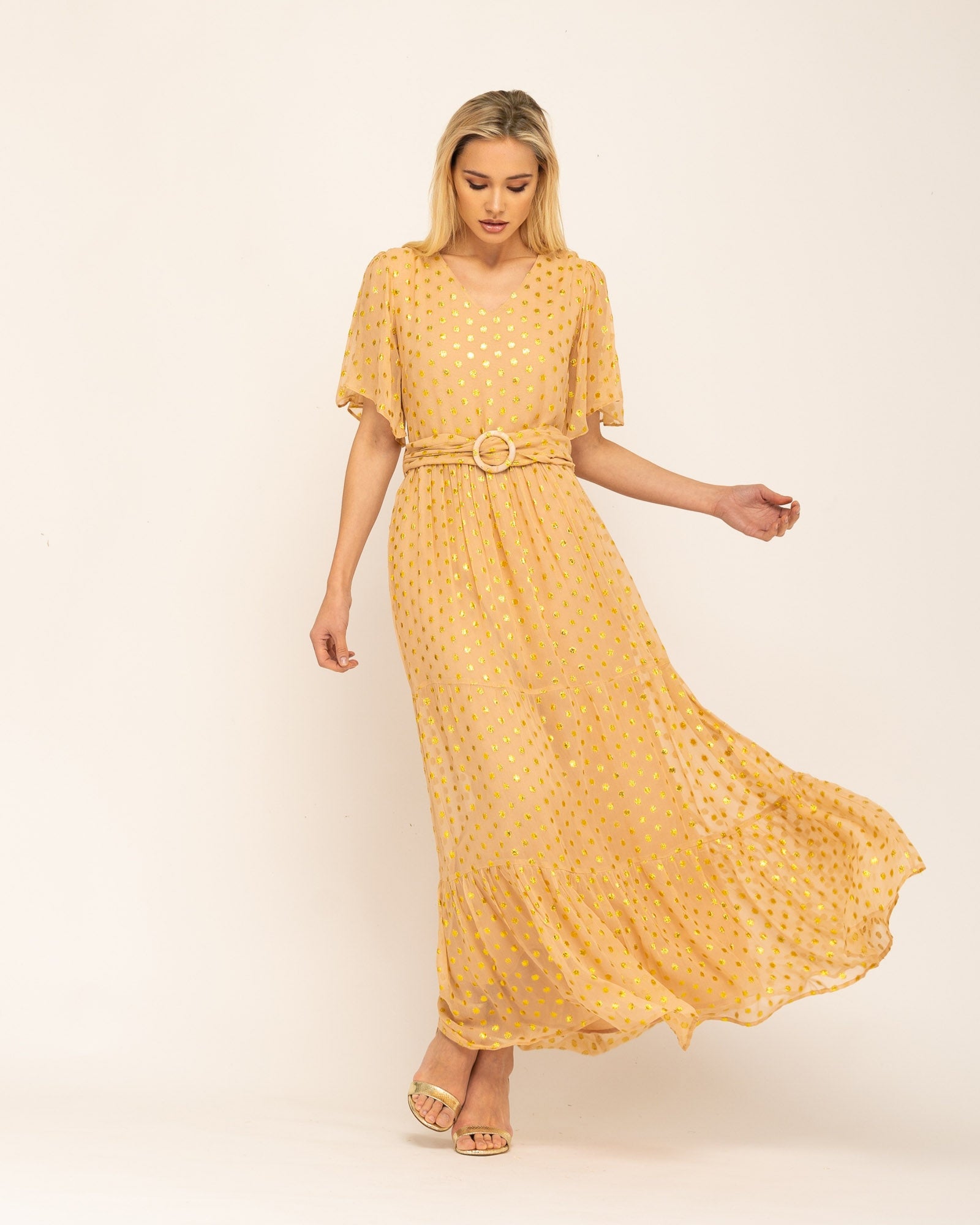 Vestido Comprido Estampado com Folhos Kerala Amarelo-2