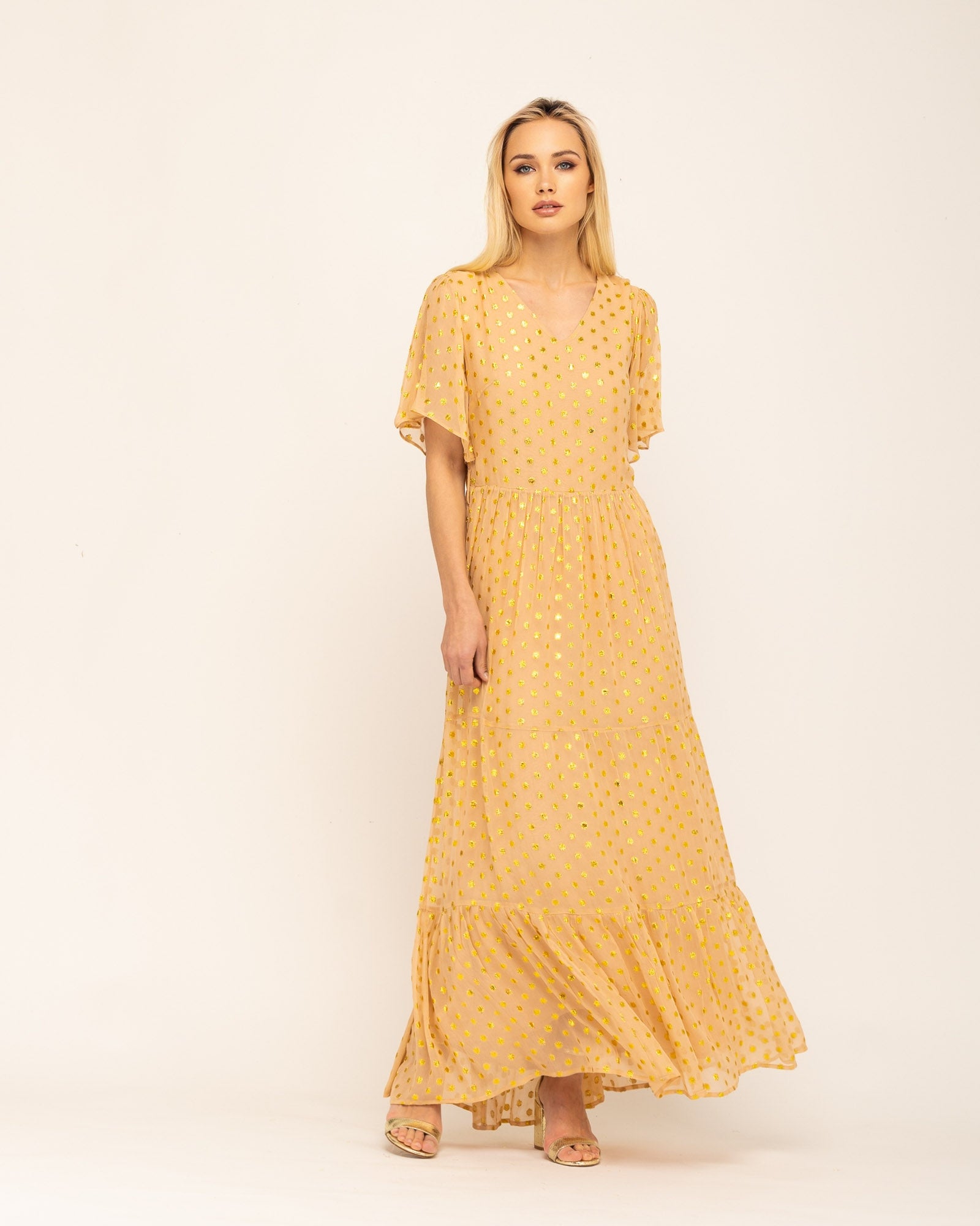 Vestido Comprido Estampado com Folhos Kerala Amarelo-3