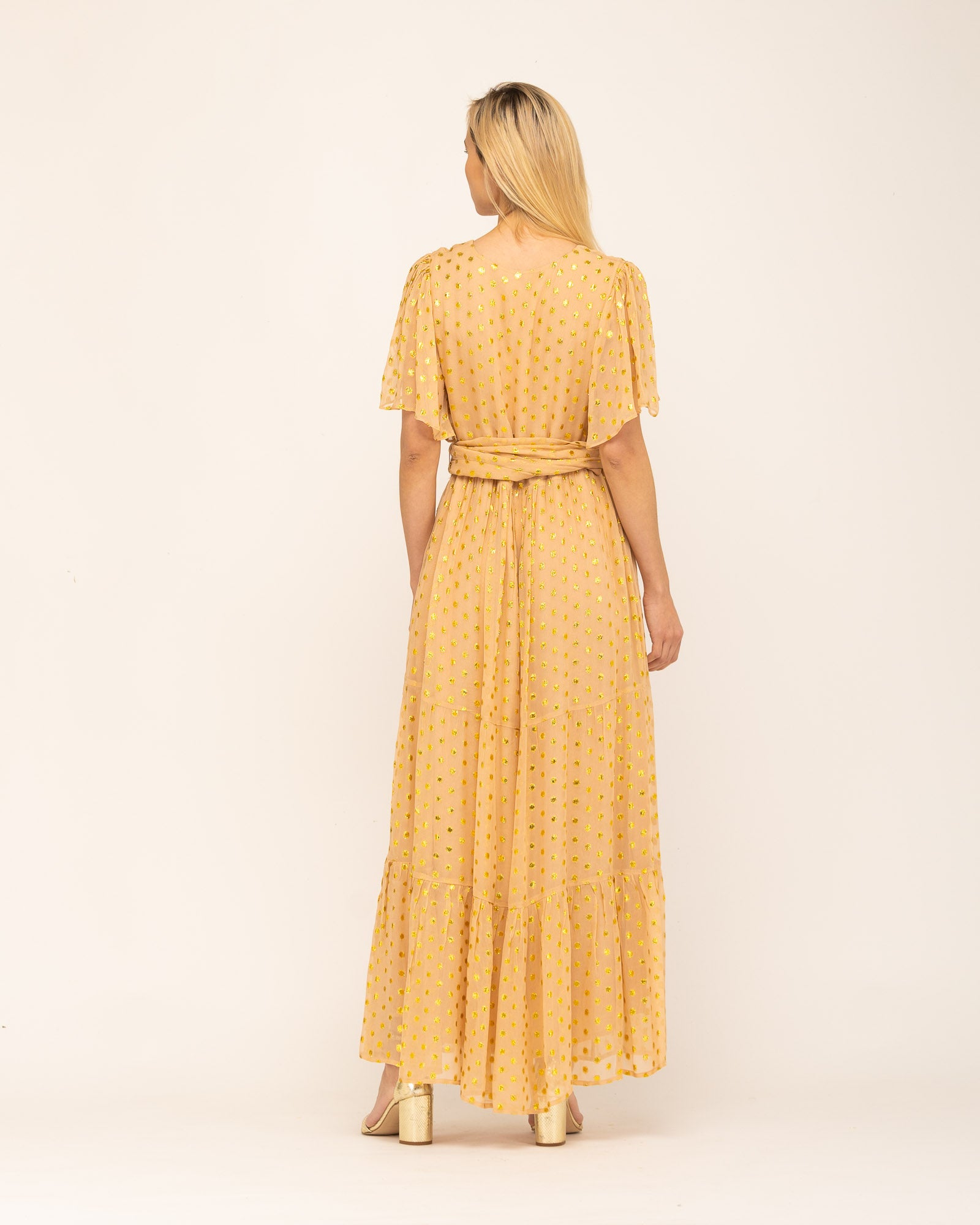 Vestido Comprido Estampado com Folhos Kerala Amarelo-5