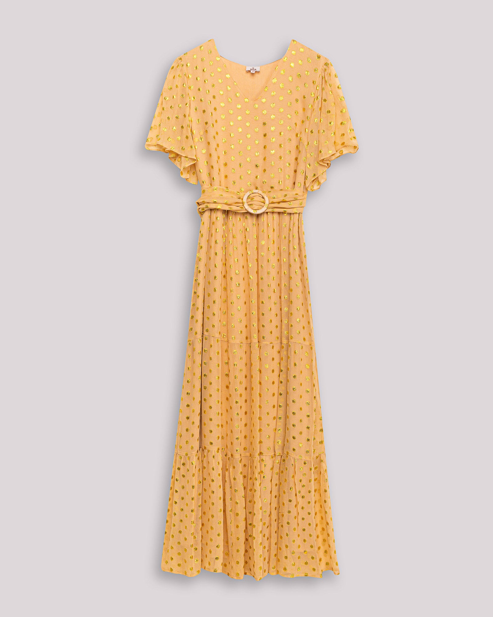 Vestido Comprido Estampado com Folhos Kerala Amarelo-6