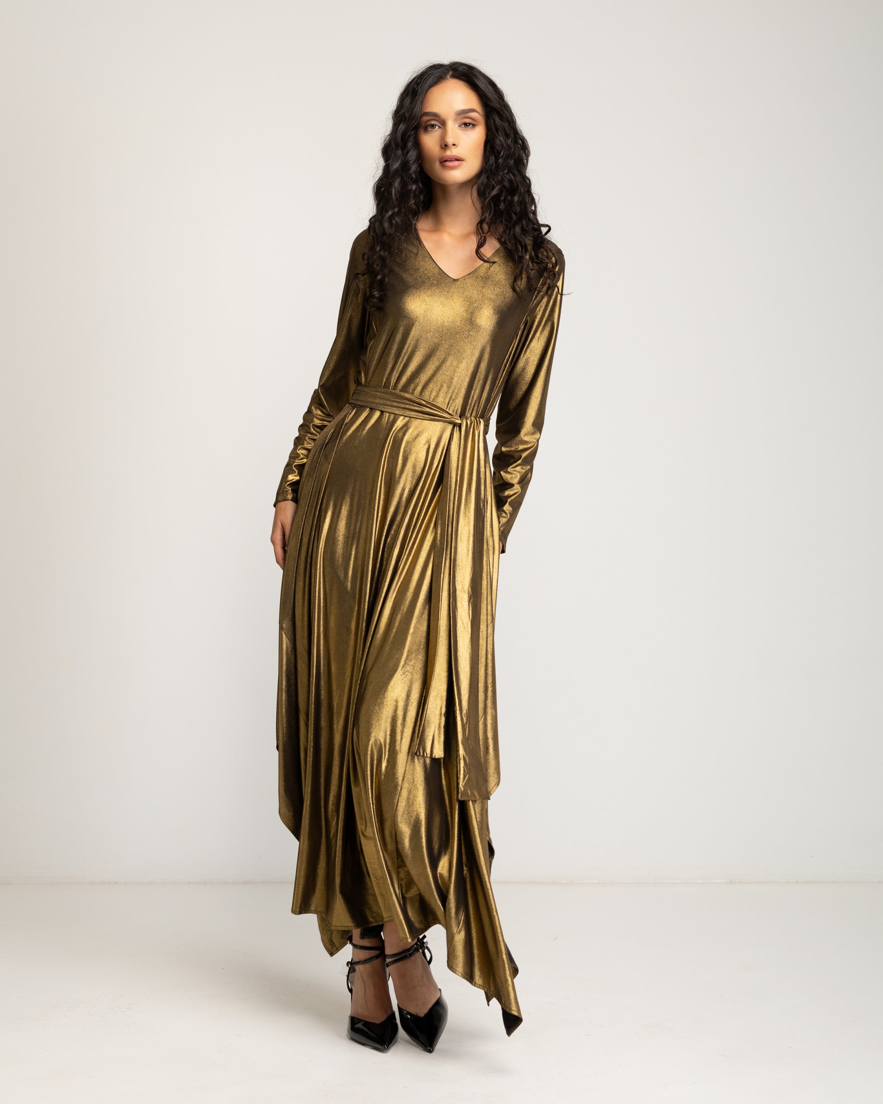 Vestido Comprido Dourado de Manga Comprida Ouro-1