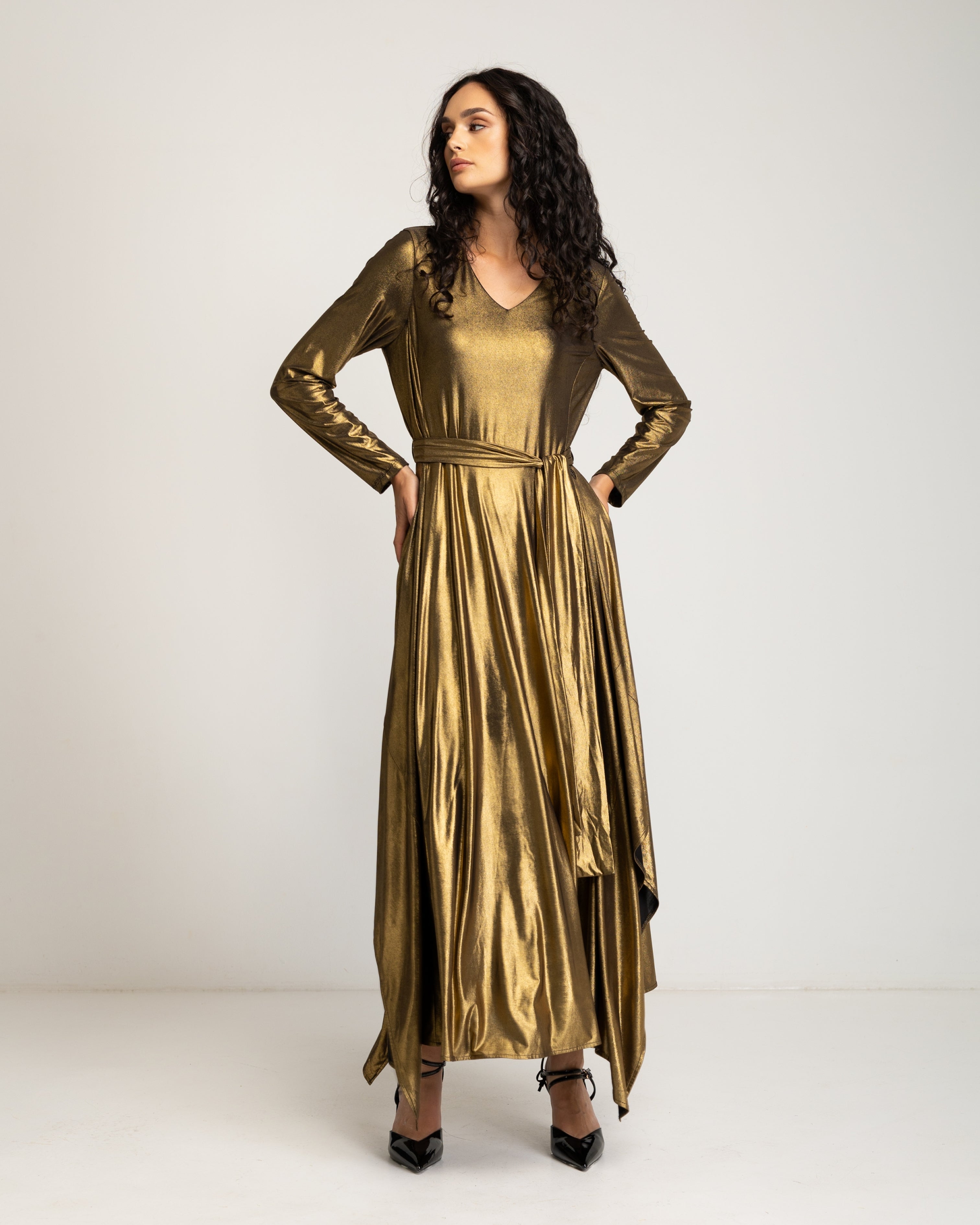 Vestido Comprido Dourado de Manga Comprida Ouro-2