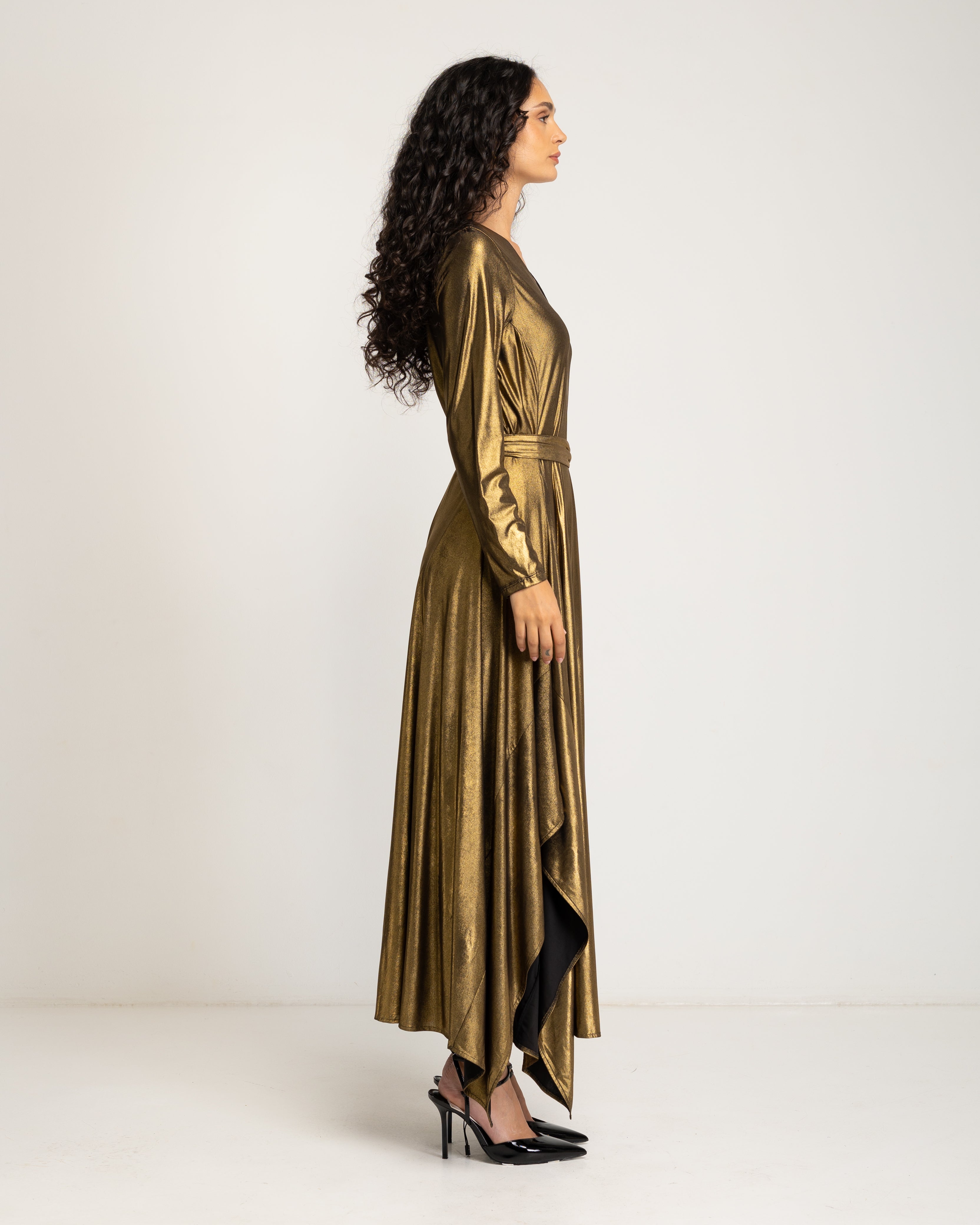 Vestido Comprido Dourado de Manga Comprida Ouro-3
