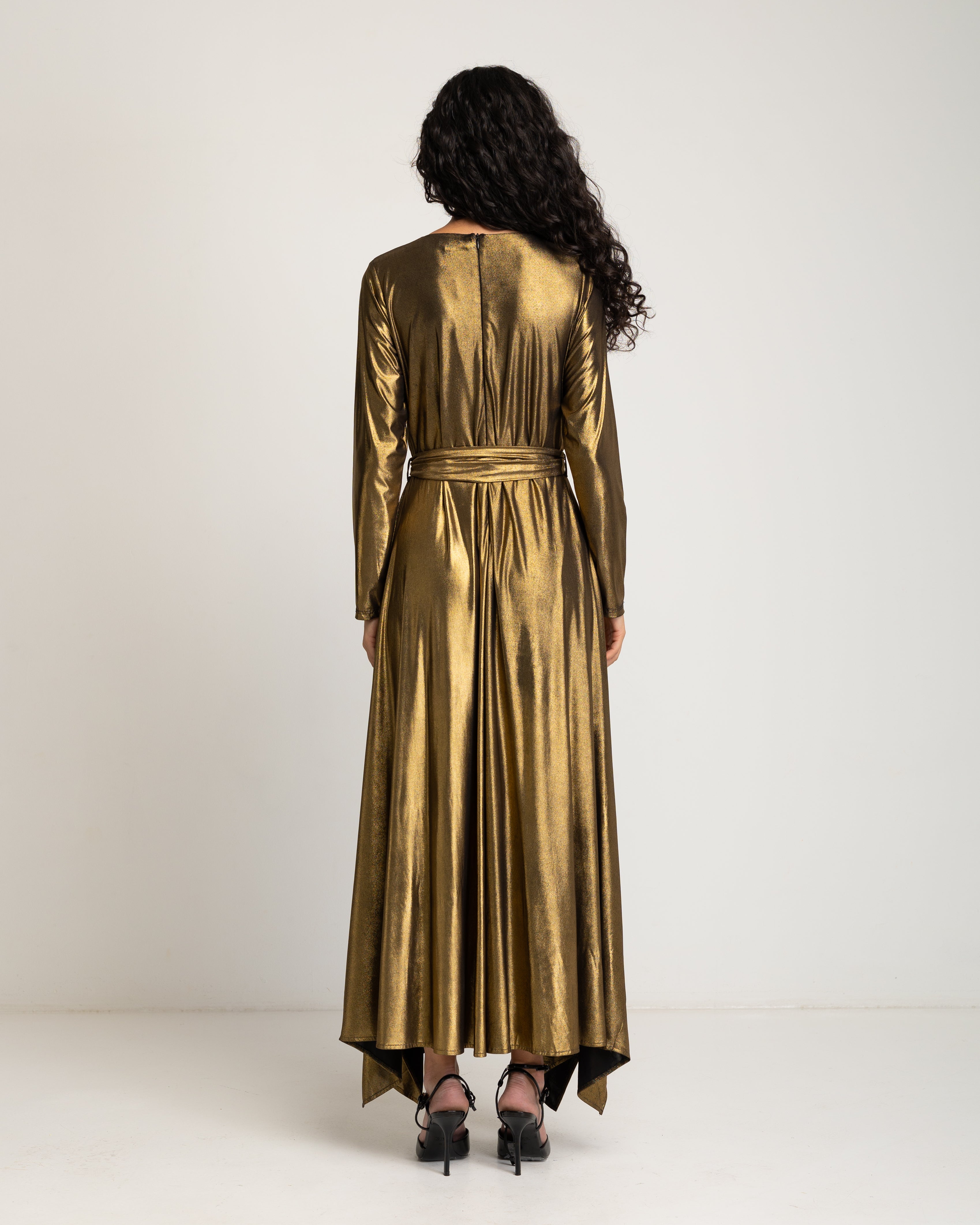 Vestido Comprido Dourado de Manga Comprida Ouro-4