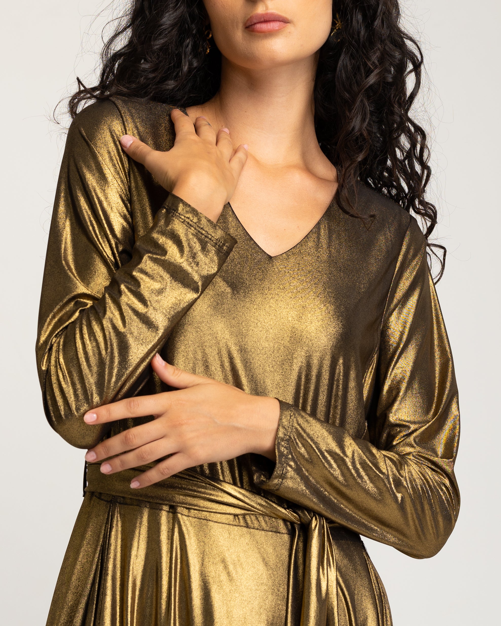 Vestido Comprido Dourado de Manga Comprida Ouro-5