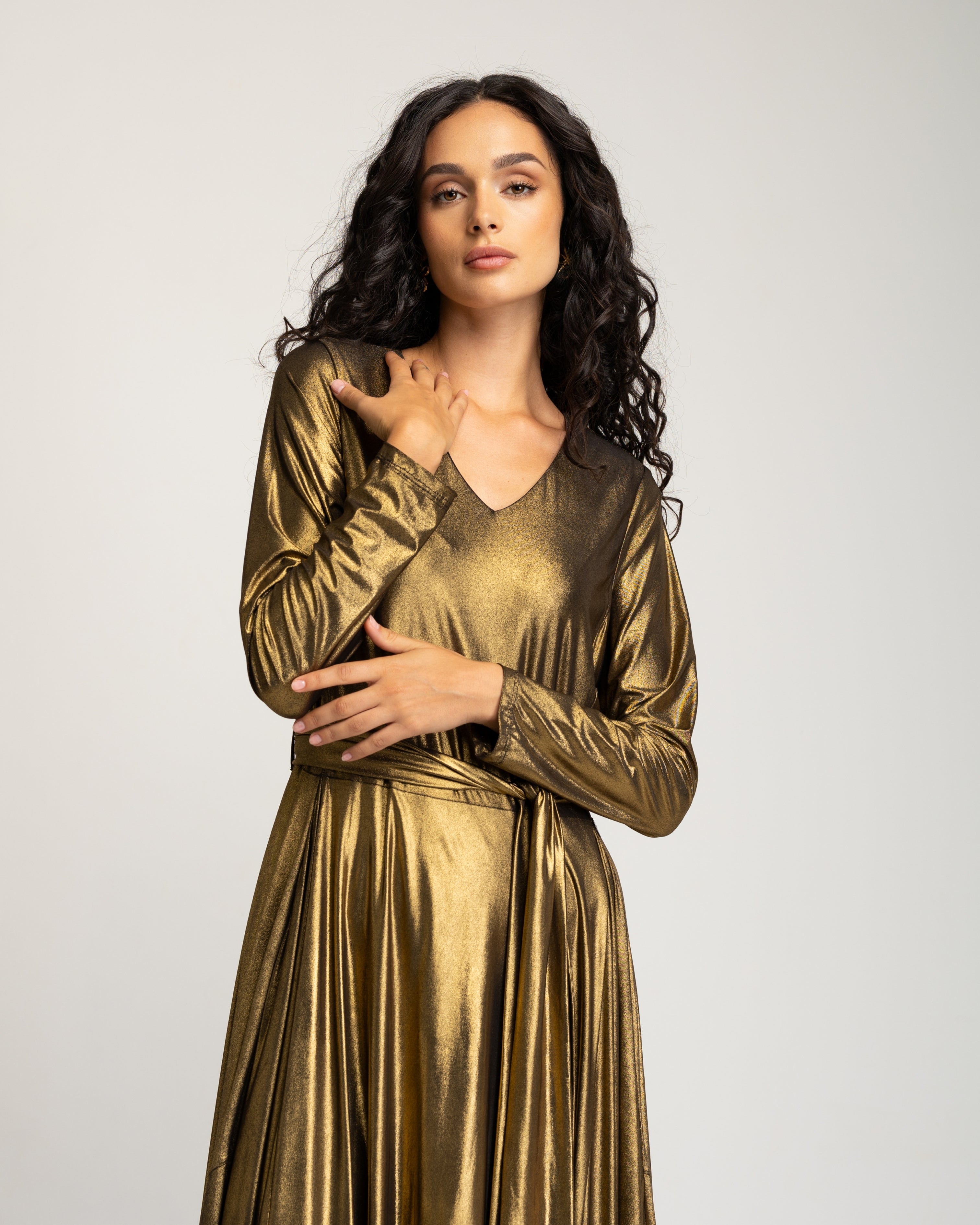 Vestido Comprido Dourado de Manga Comprida Ouro-6