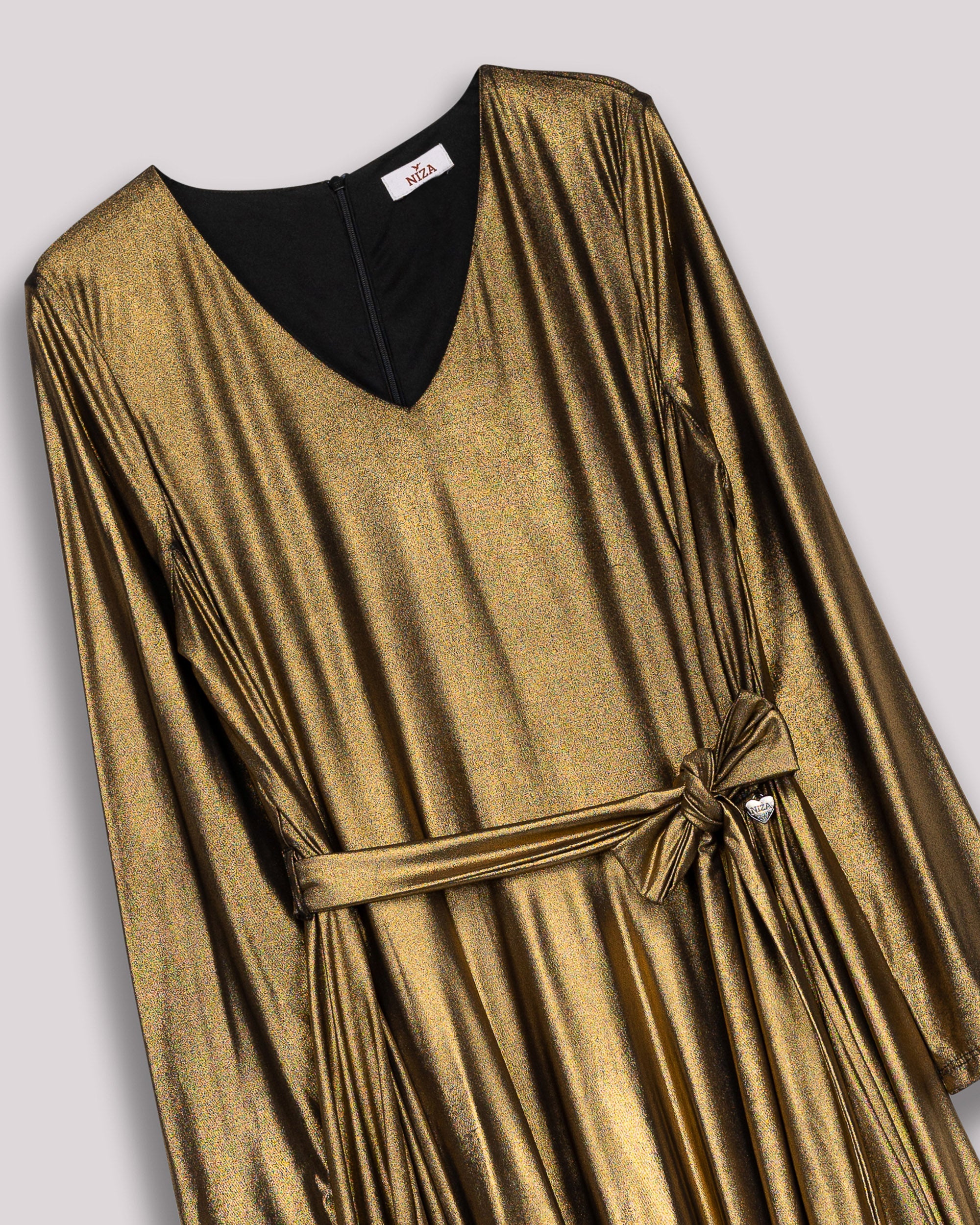 Vestido Comprido Dourado de Manga Comprida Ouro-8
