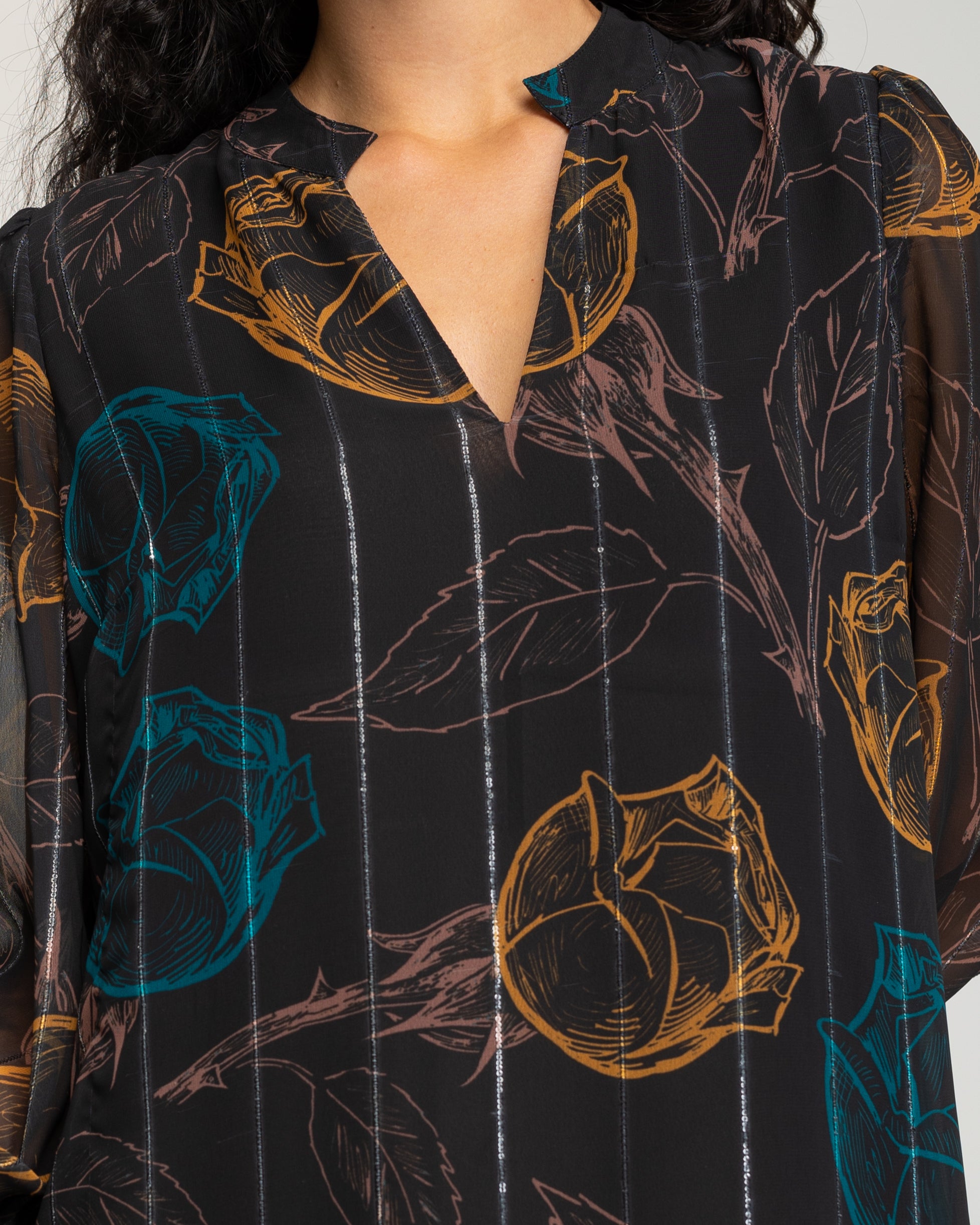 Vestido Curto com Estampado de Flores de Manga Comprida Preto-5