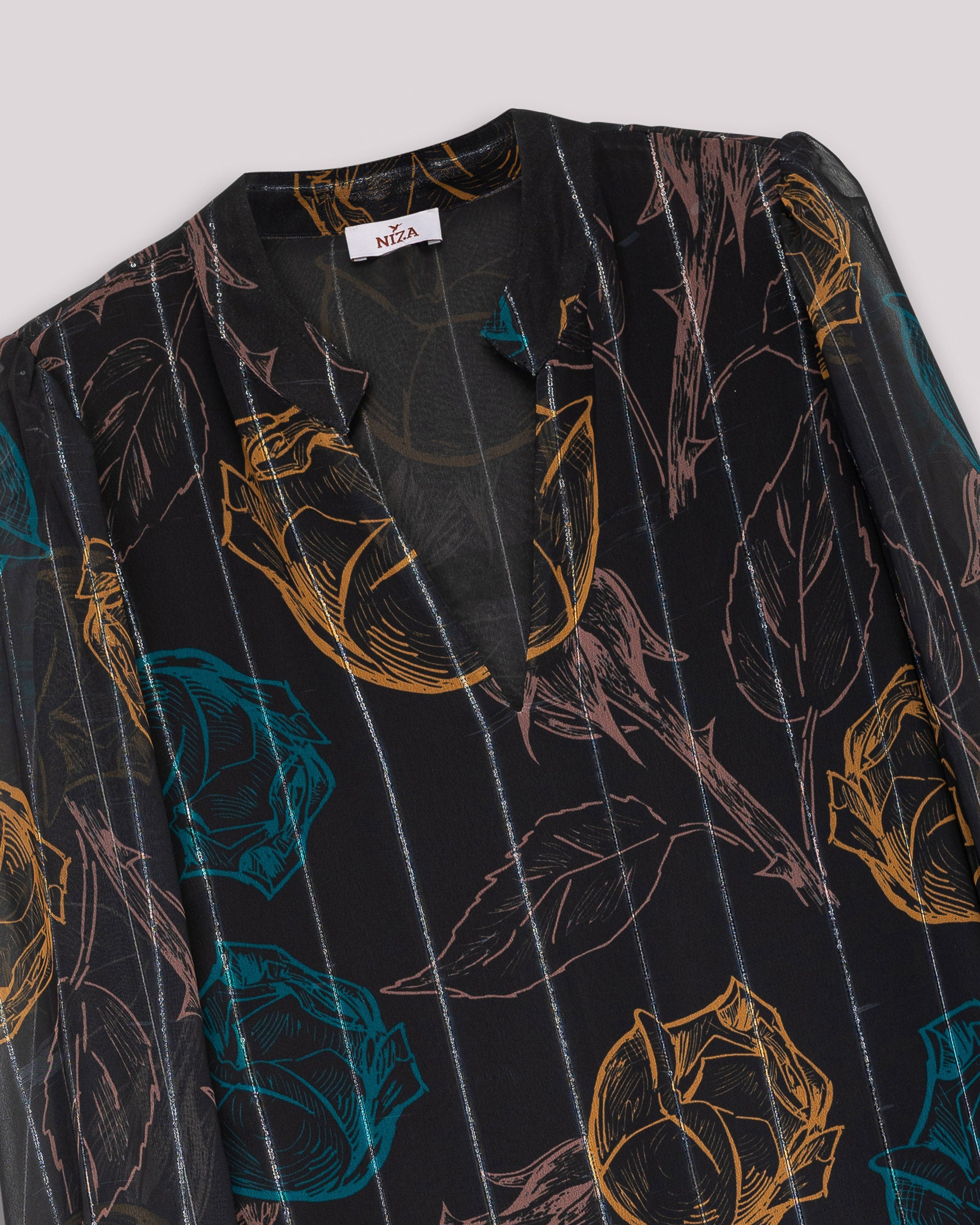 Vestido Curto com Estampado de Flores de Manga Comprida Preto-8