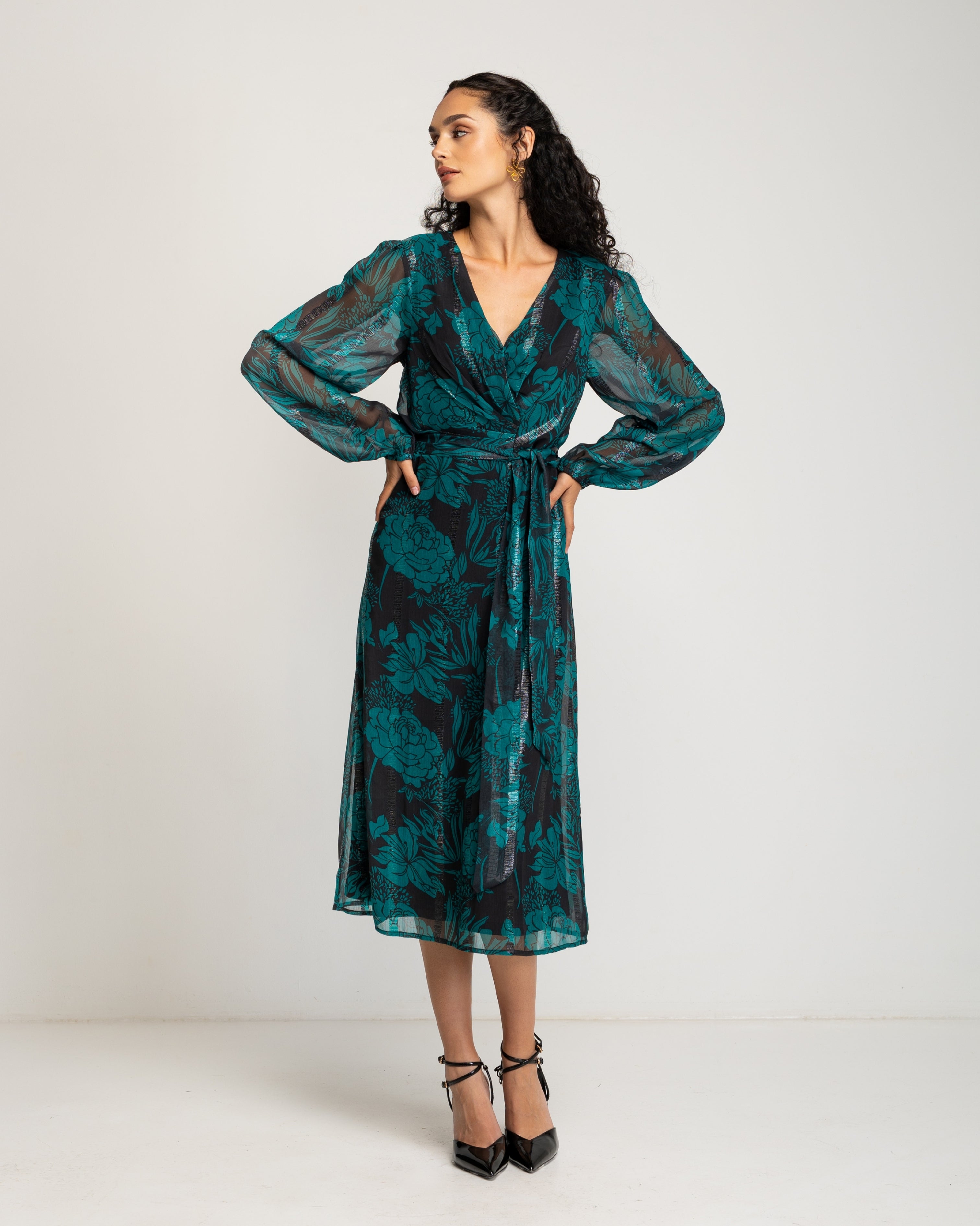 Vestido Midi Estampado Verde Turquesa-2