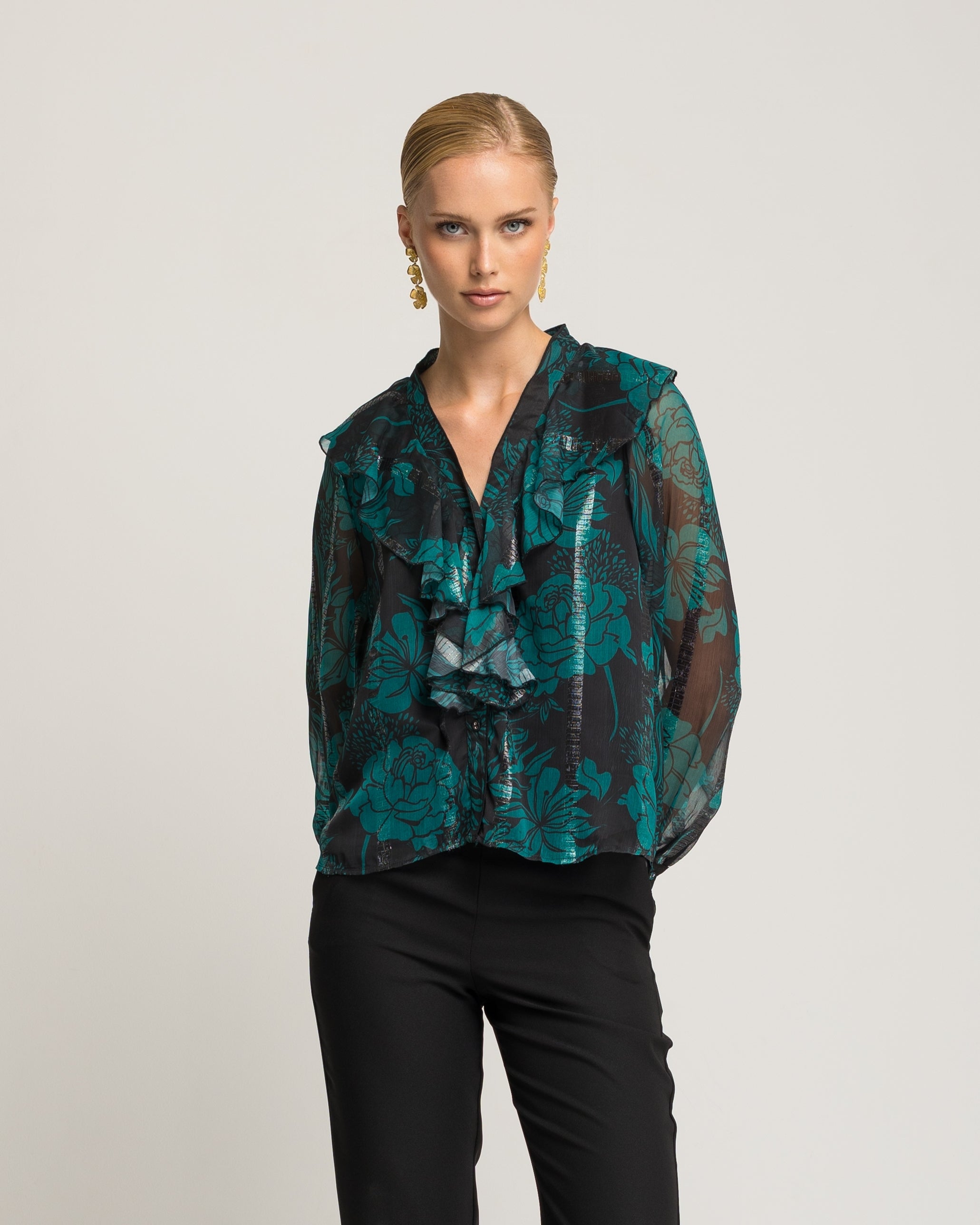 Blusa de Manga Comprida e Gola em V Turquesa-3