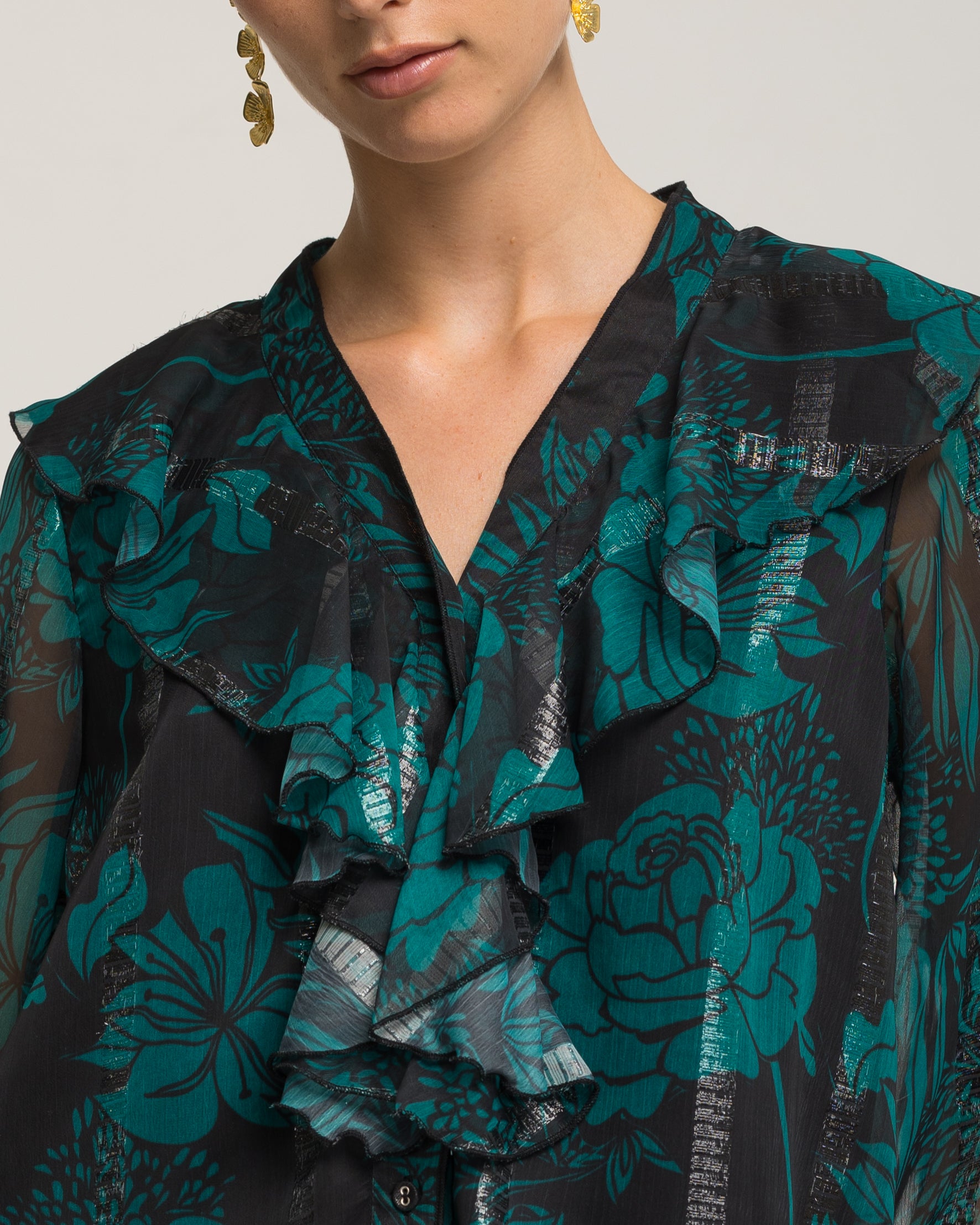 Blusa de Manga Comprida e Gola em V Turquesa-6