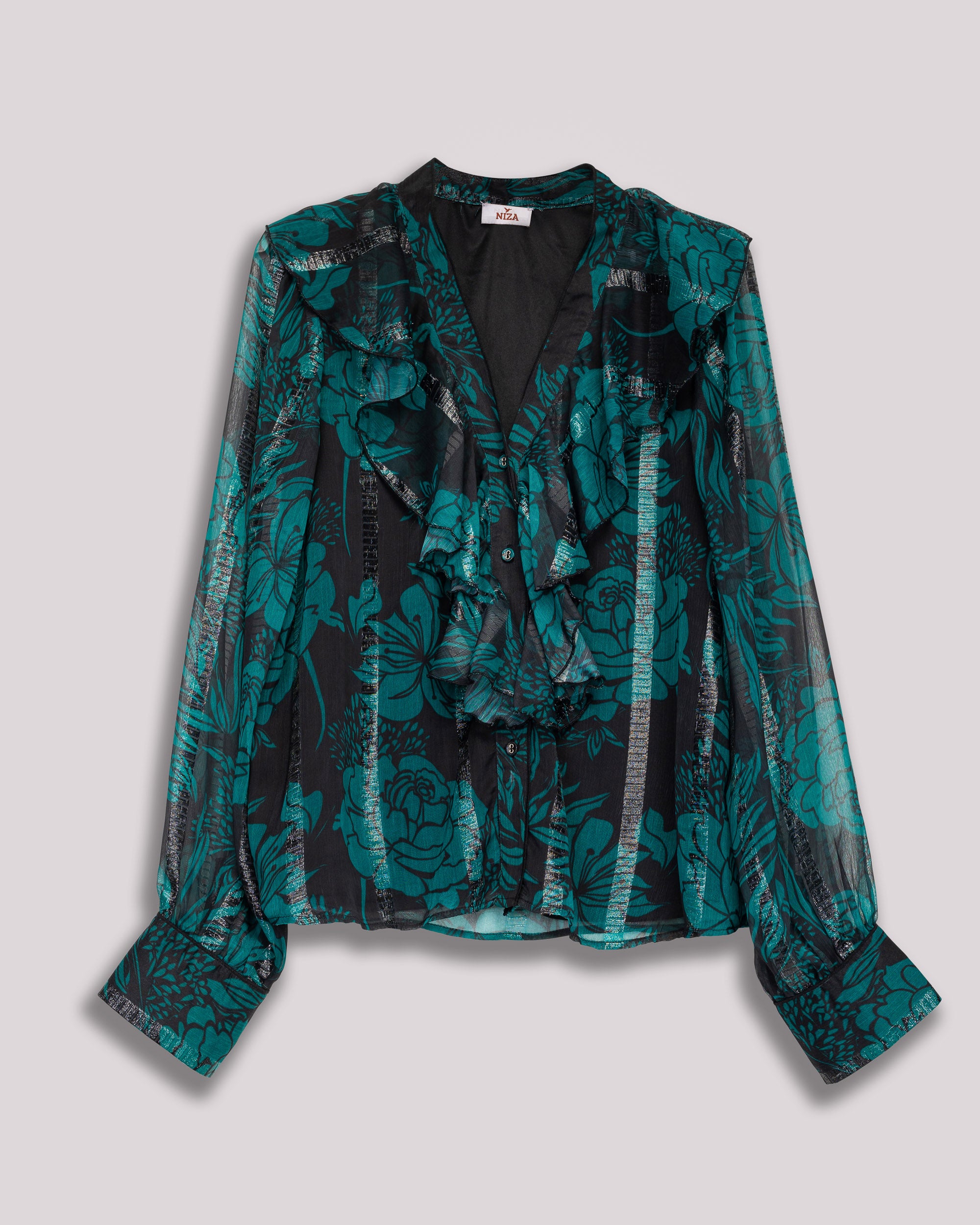 Blusa de Manga Comprida e Gola em V Turquesa-7