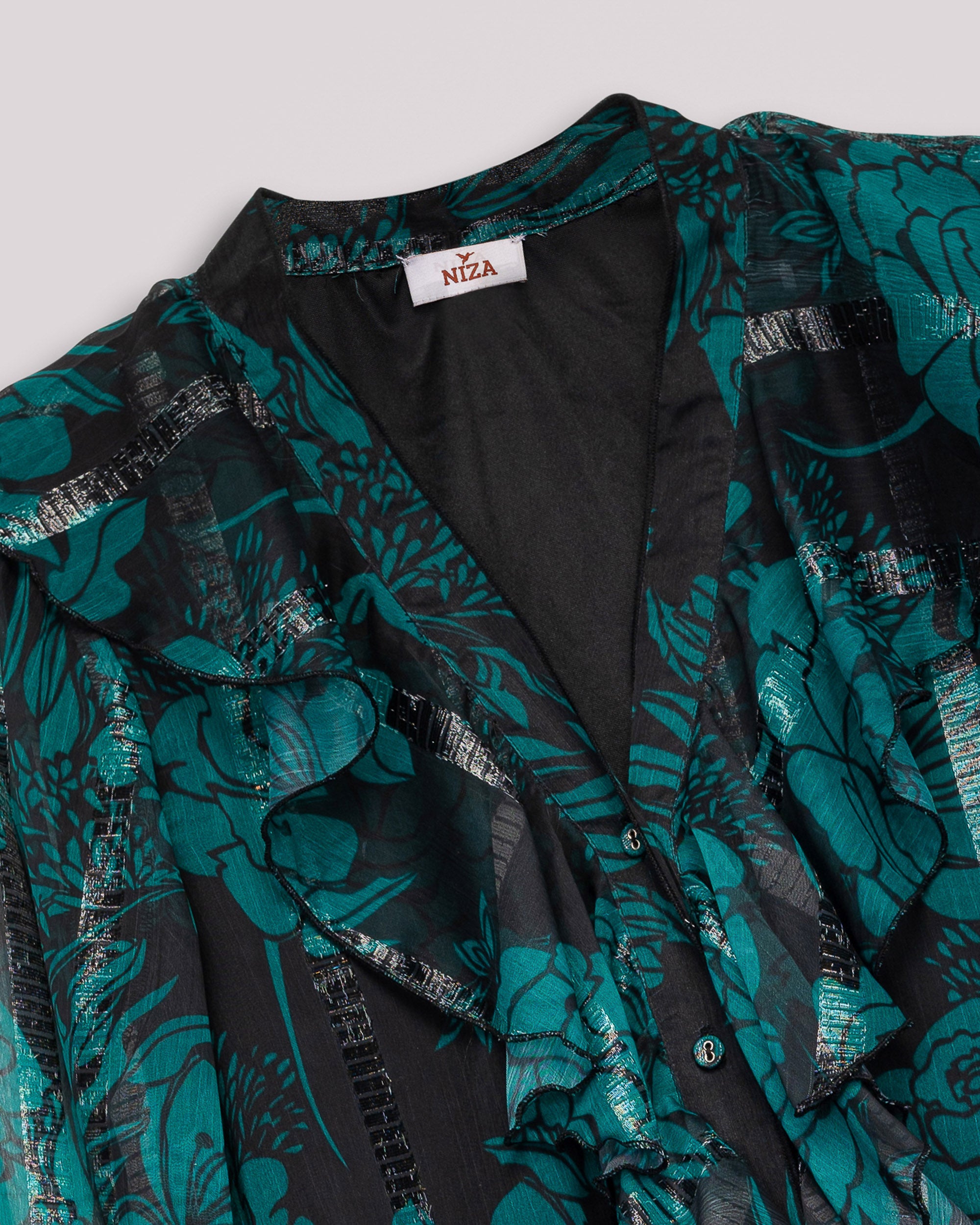 Blusa de Manga Comprida e Gola em V Turquesa-8