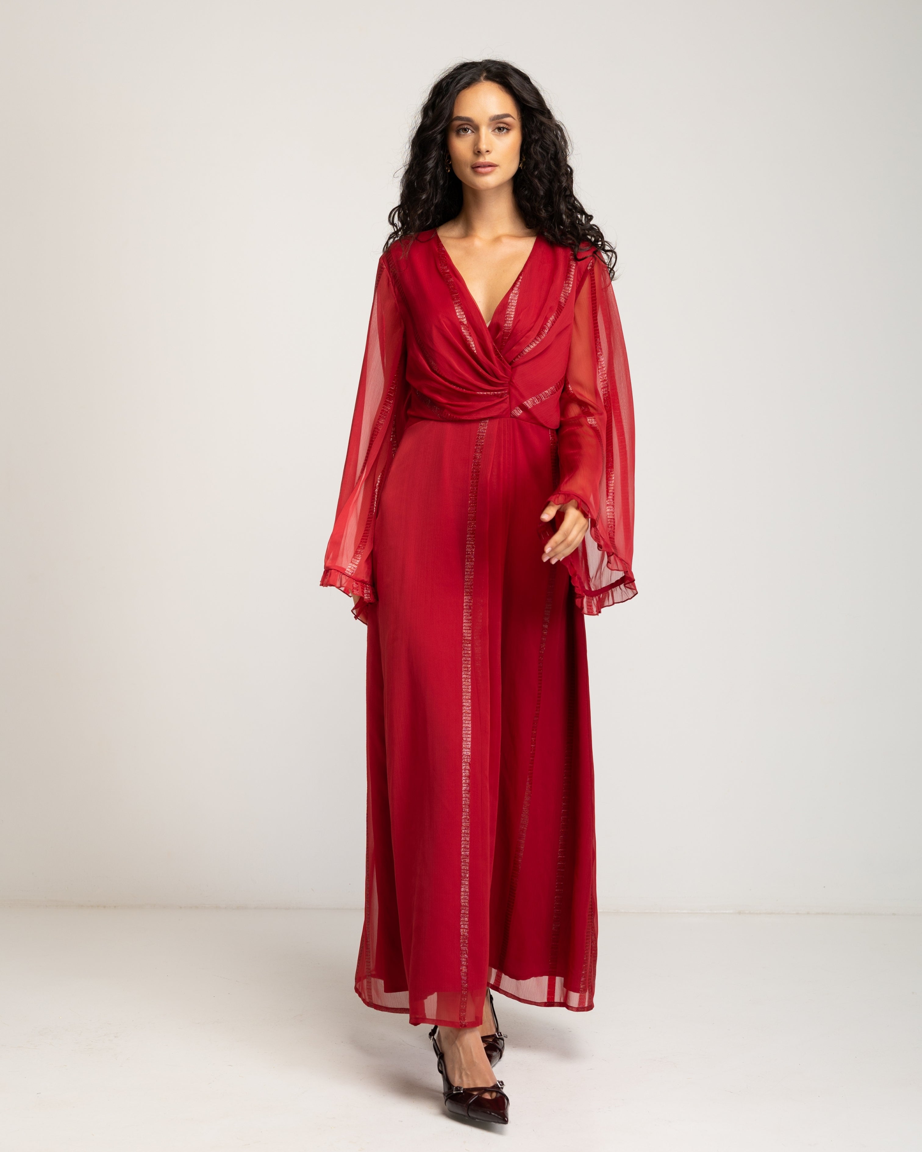 Vestido Comprido Vermelho com Decote em V Vermelho-2