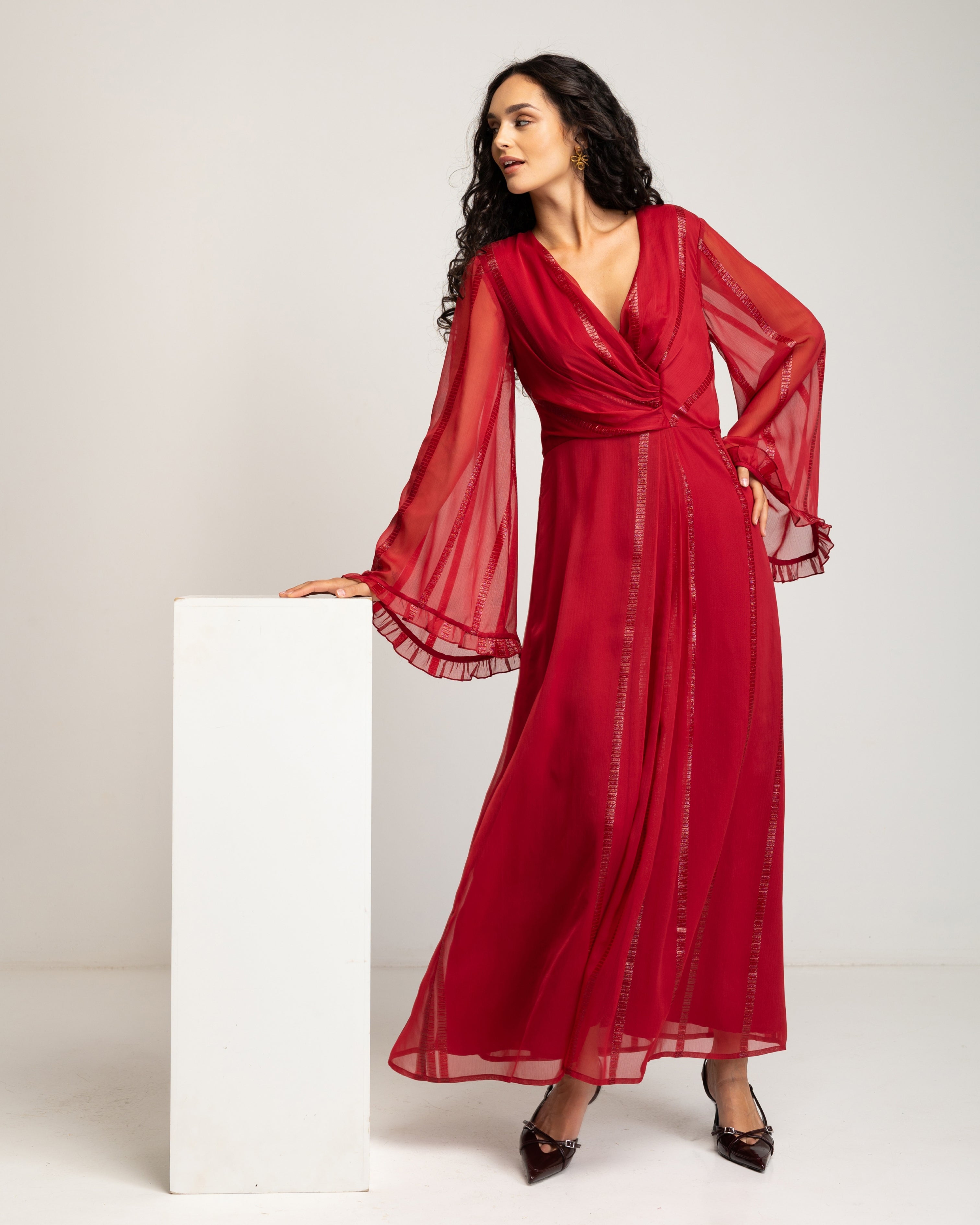 Vestido Comprido Vermelho com Decote em V Vermelho-6