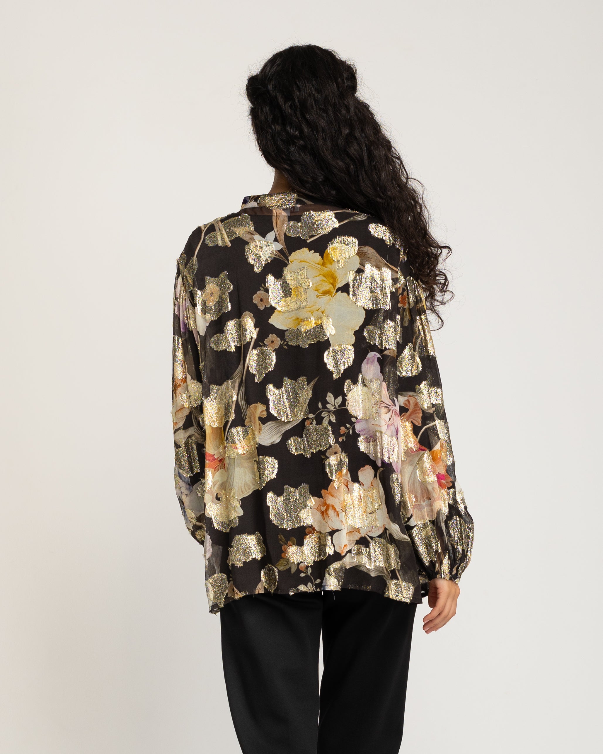 Blusa de Manga Franzida e Estampado de Flores Preto-5