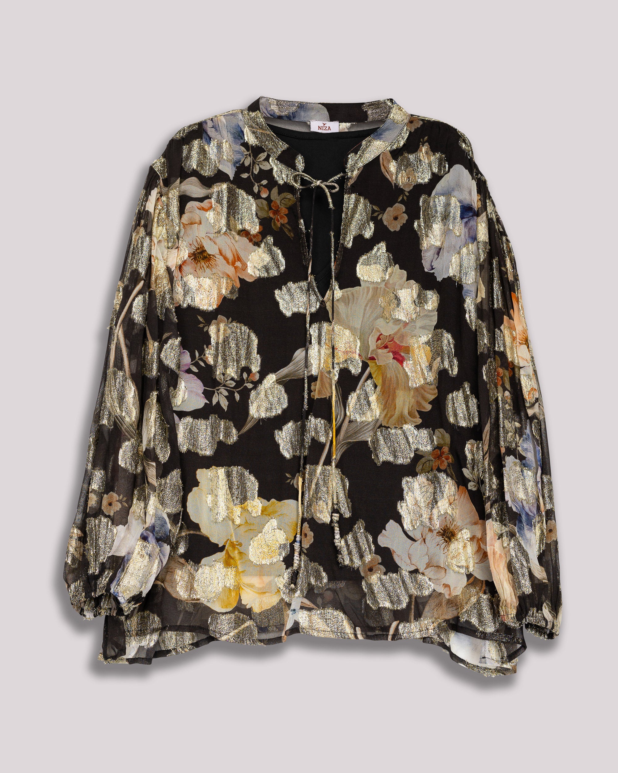 Blusa de Manga Franzida e Estampado de Flores Preto-7