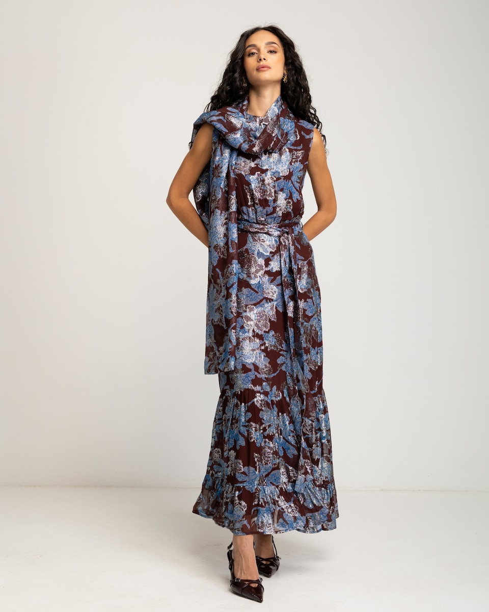 Vestido Comprido sem Mangas com Estampado de Flores Castanho-chocolate-1