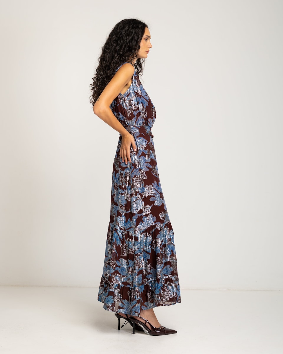 Vestido Comprido sem Mangas com Estampado de Flores Castanho-chocolate-3