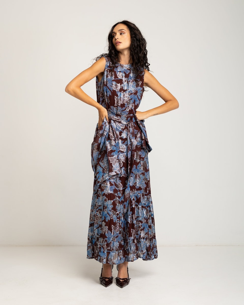 Vestido Comprido sem Mangas com Estampado de Flores Castanho-chocolate-6