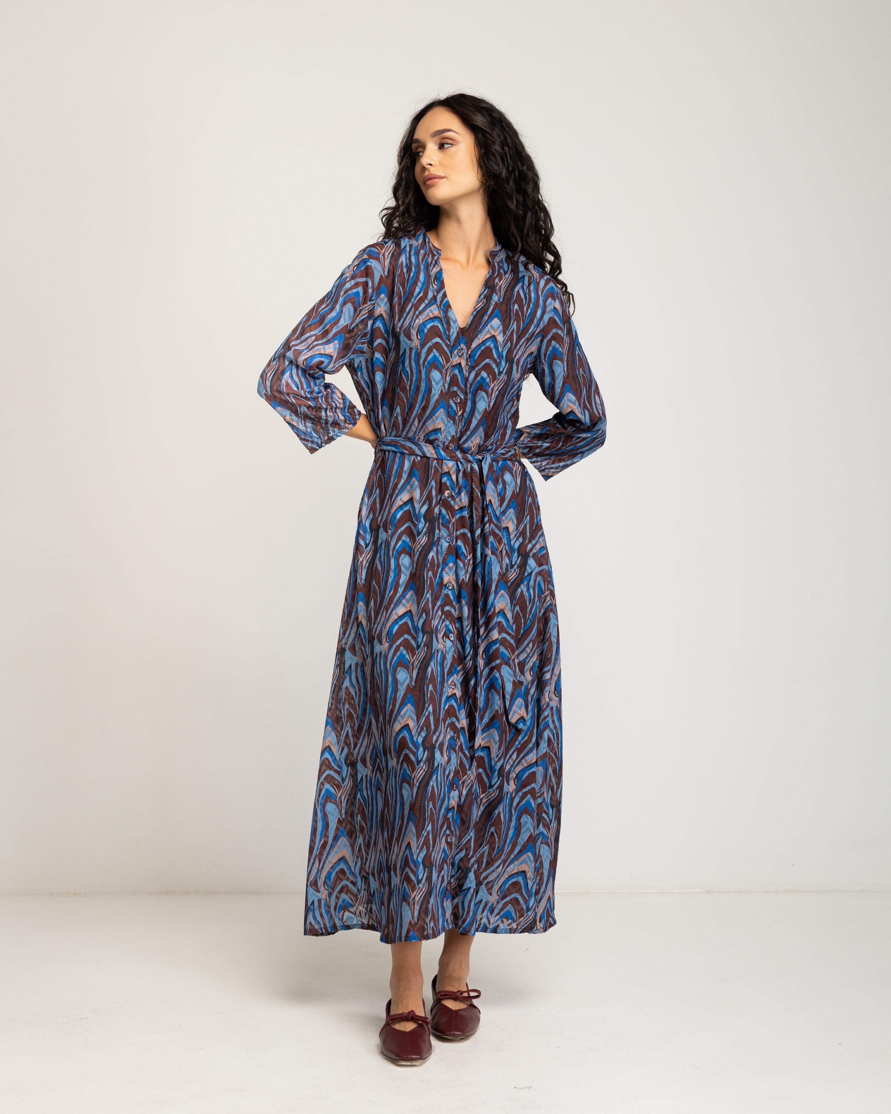Vestido Comprido Estampado com Decote em V Azul-1