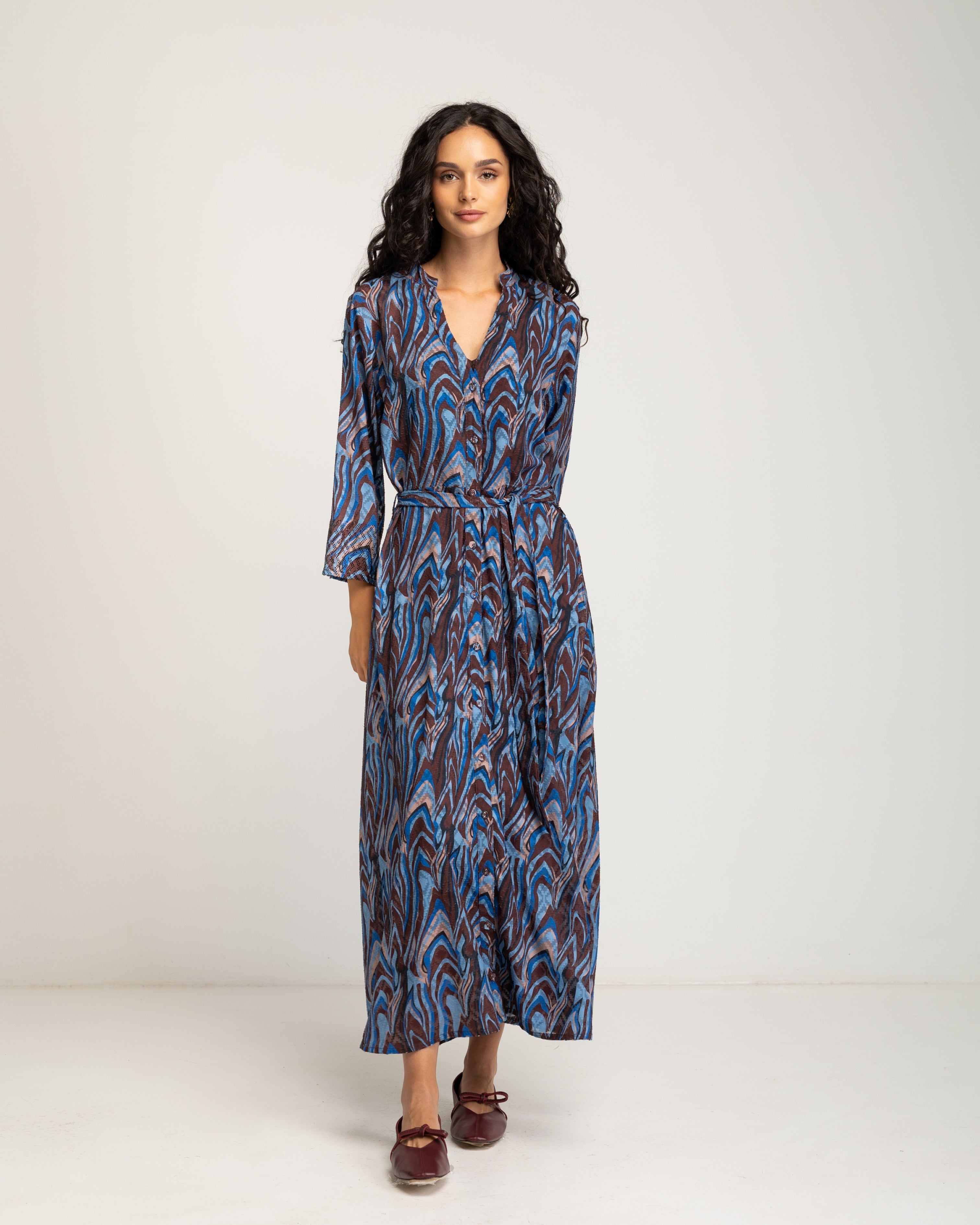 Vestido Comprido Estampado com Decote em V Azul-2