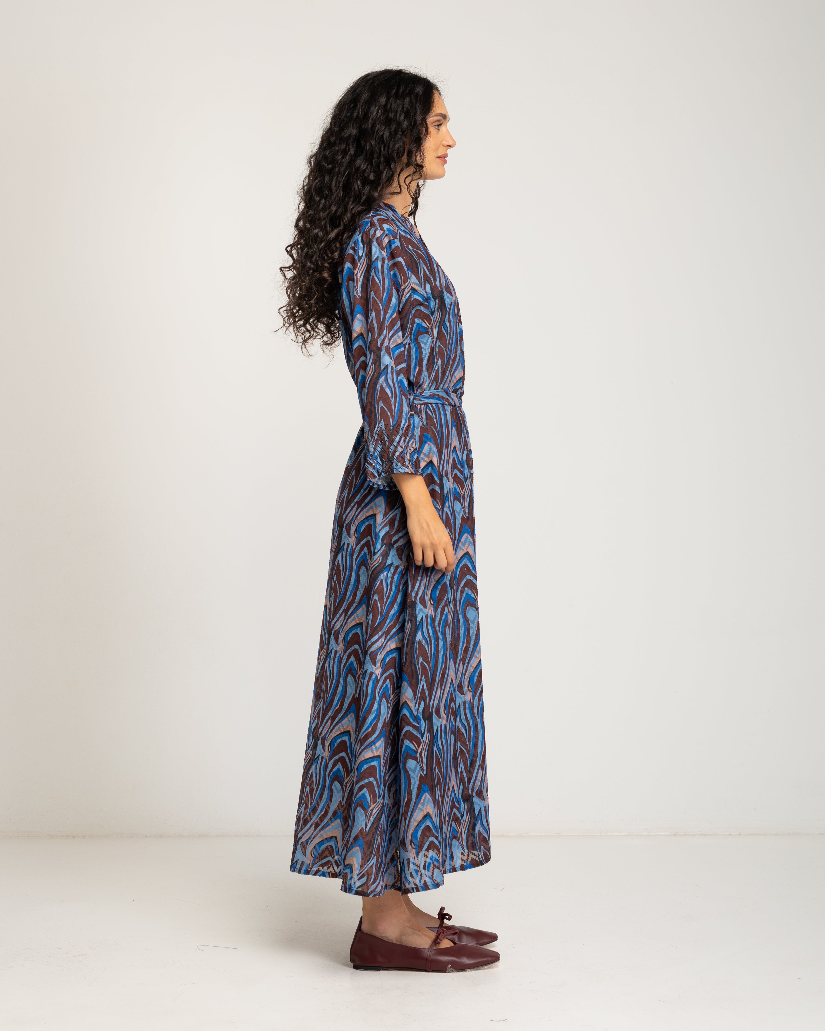 Vestido Comprido Estampado com Decote em V Azul-3