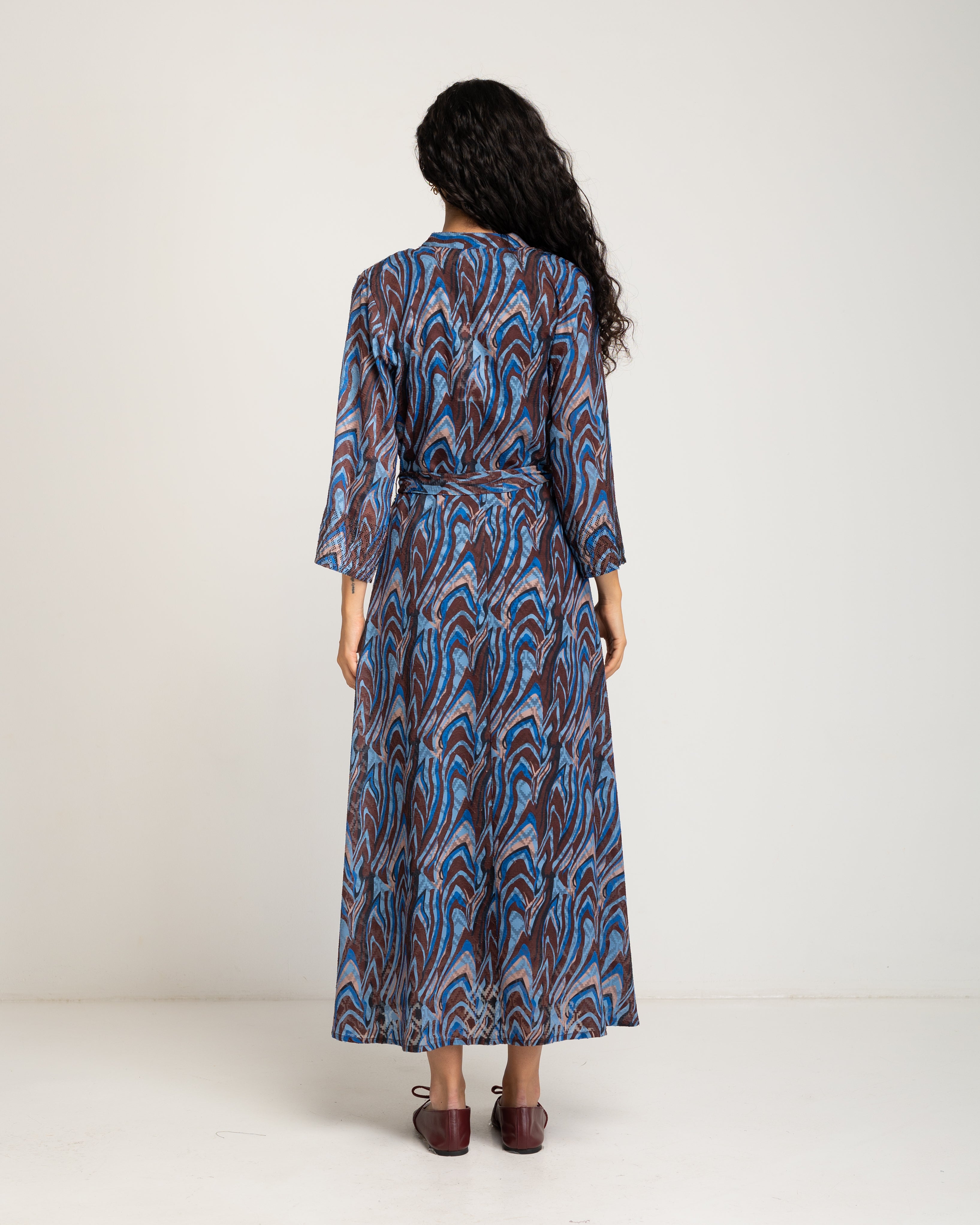 Vestido Comprido Estampado com Decote em V Azul-4