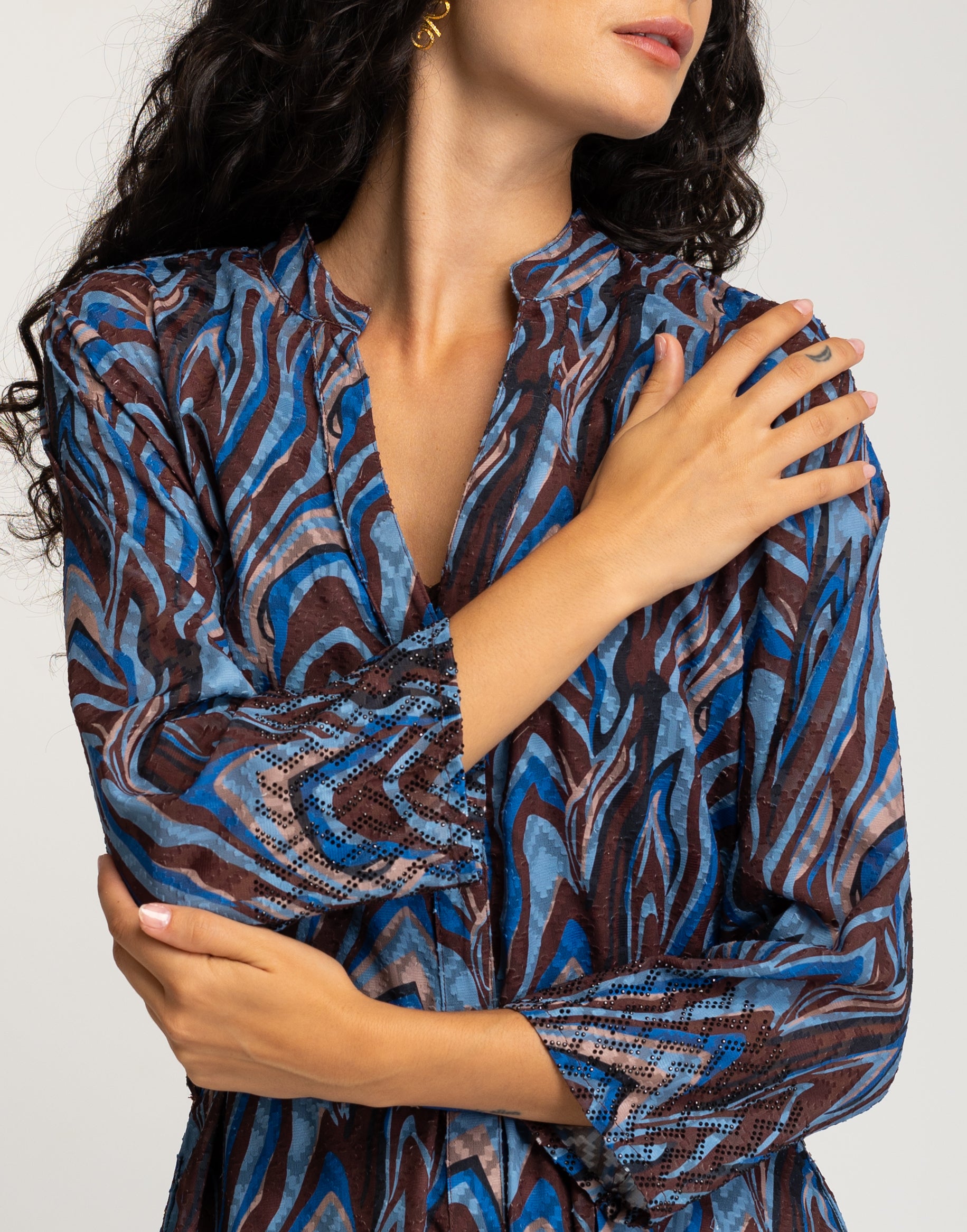 Vestido Comprido Estampado com Decote em V Azul-5