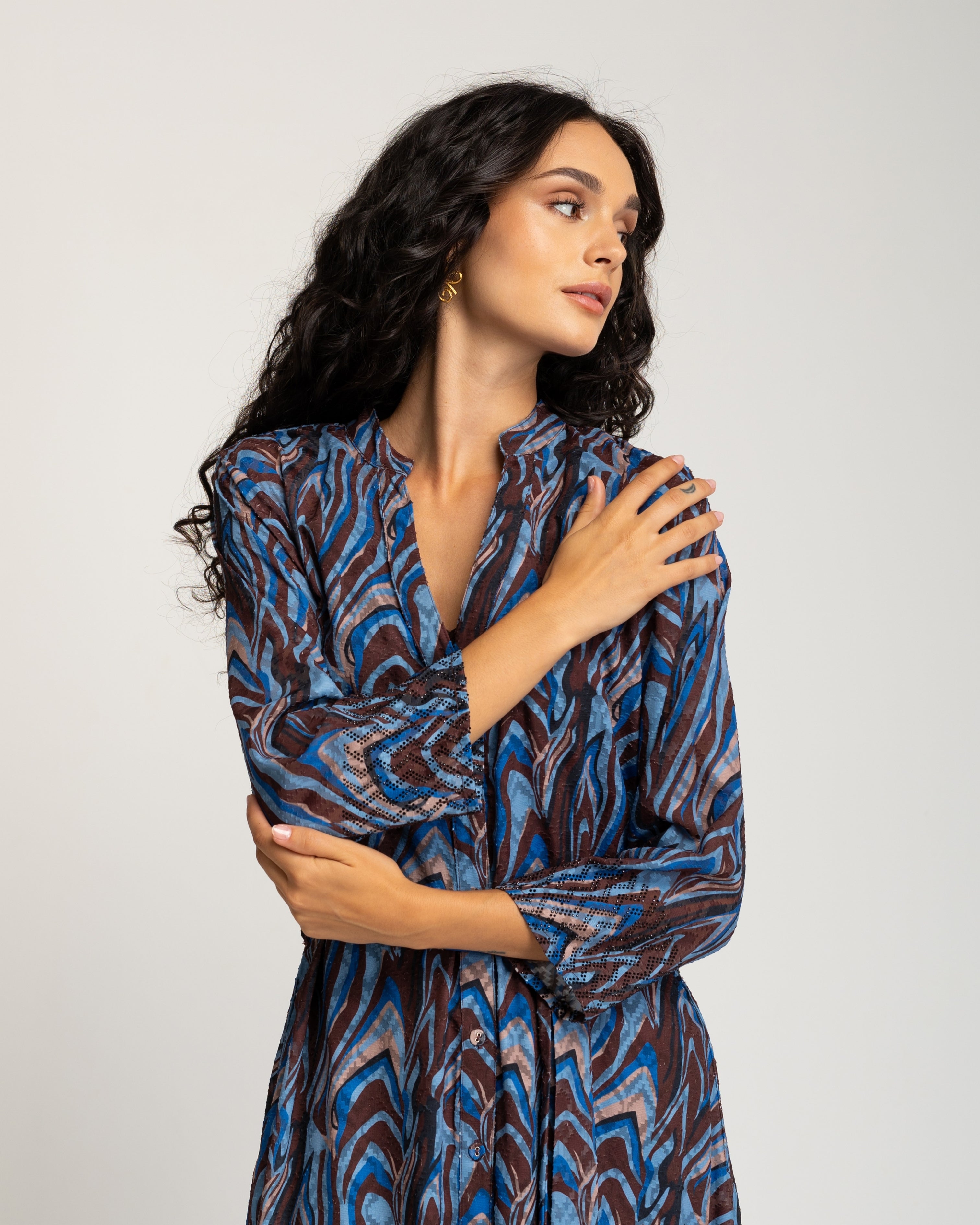 Vestido Comprido Estampado com Decote em V Azul-6