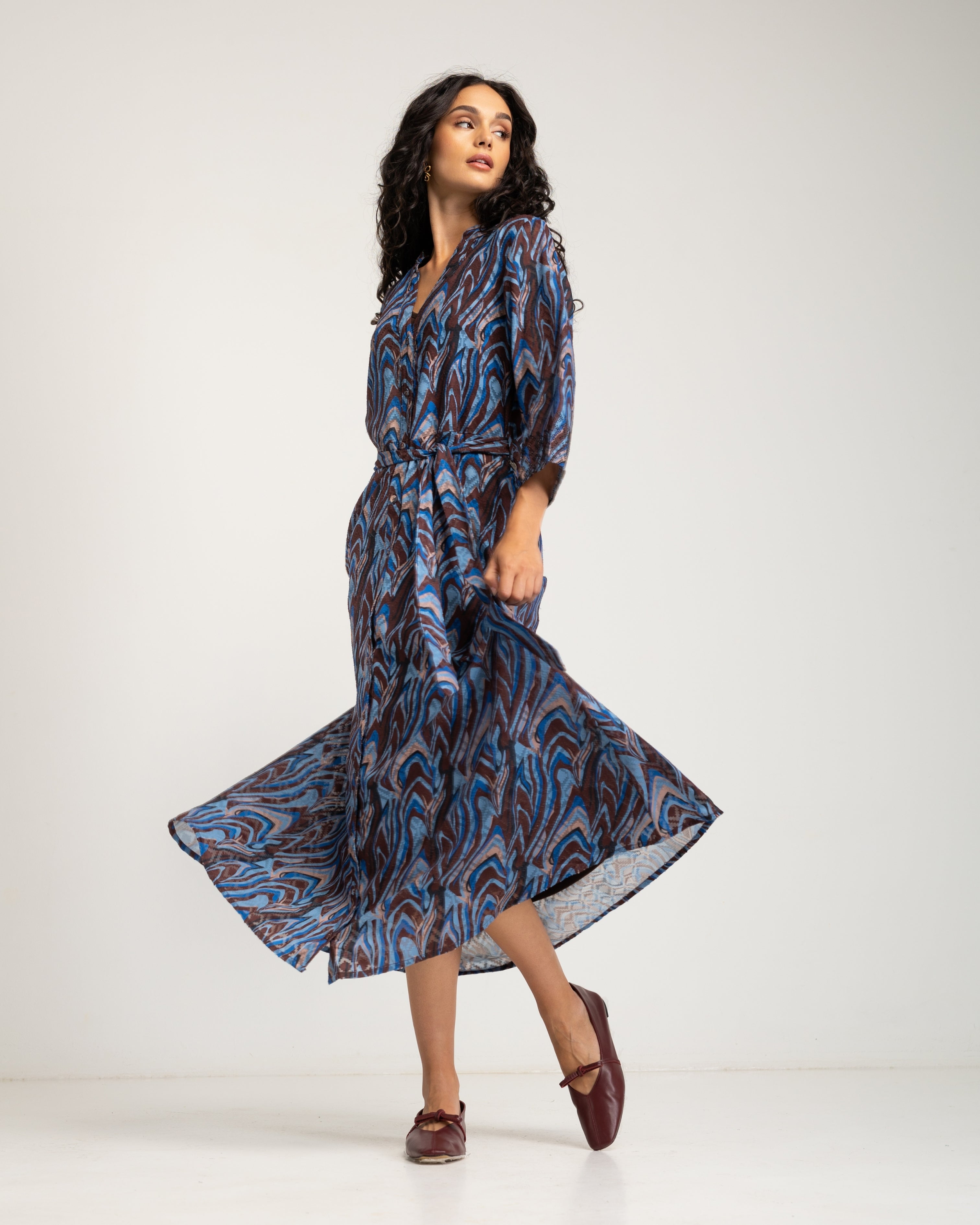 Vestido Comprido Estampado com Decote em V Azul-7