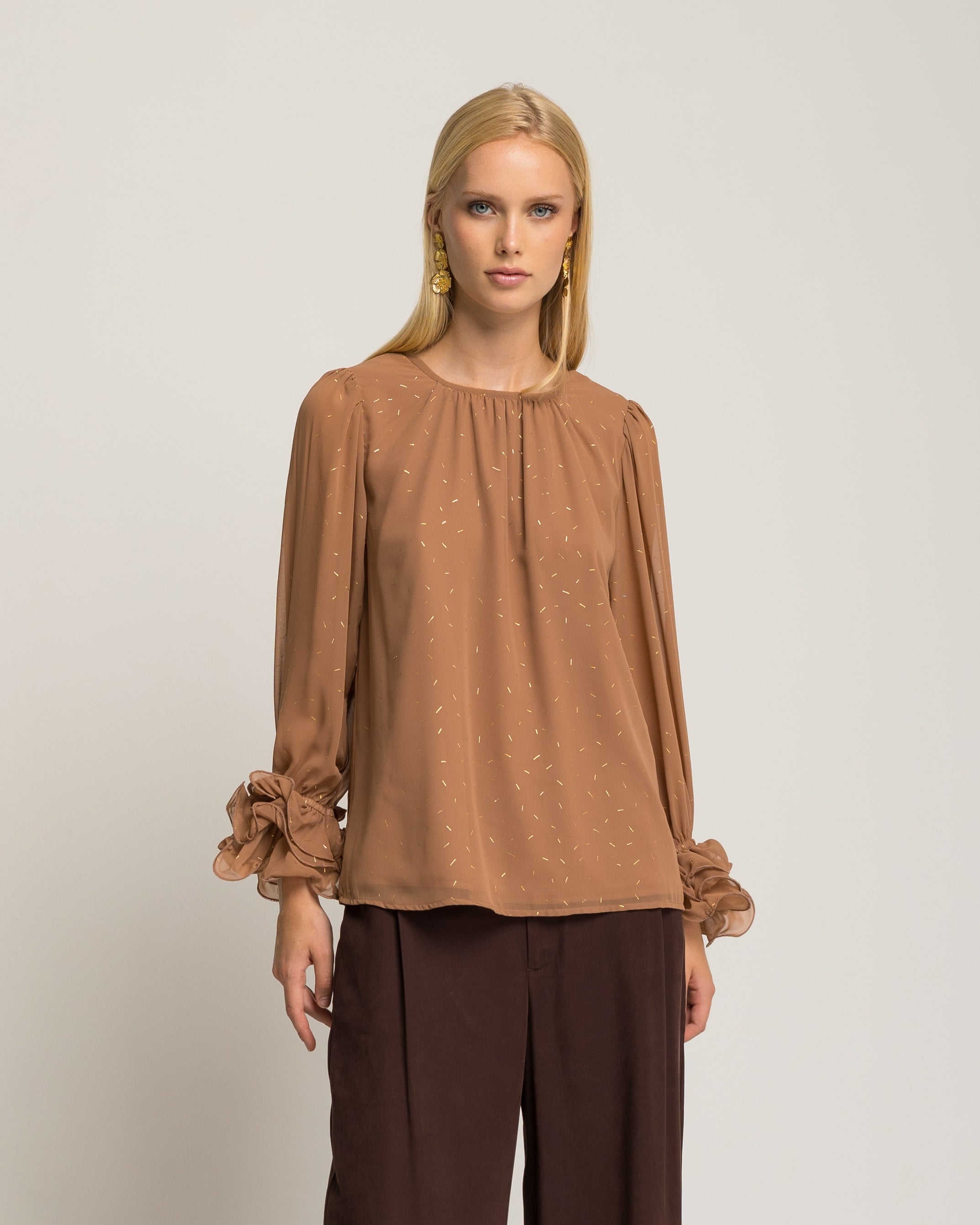 Blusa de Manga Comprida com Folhos nos Punhos Areia-3