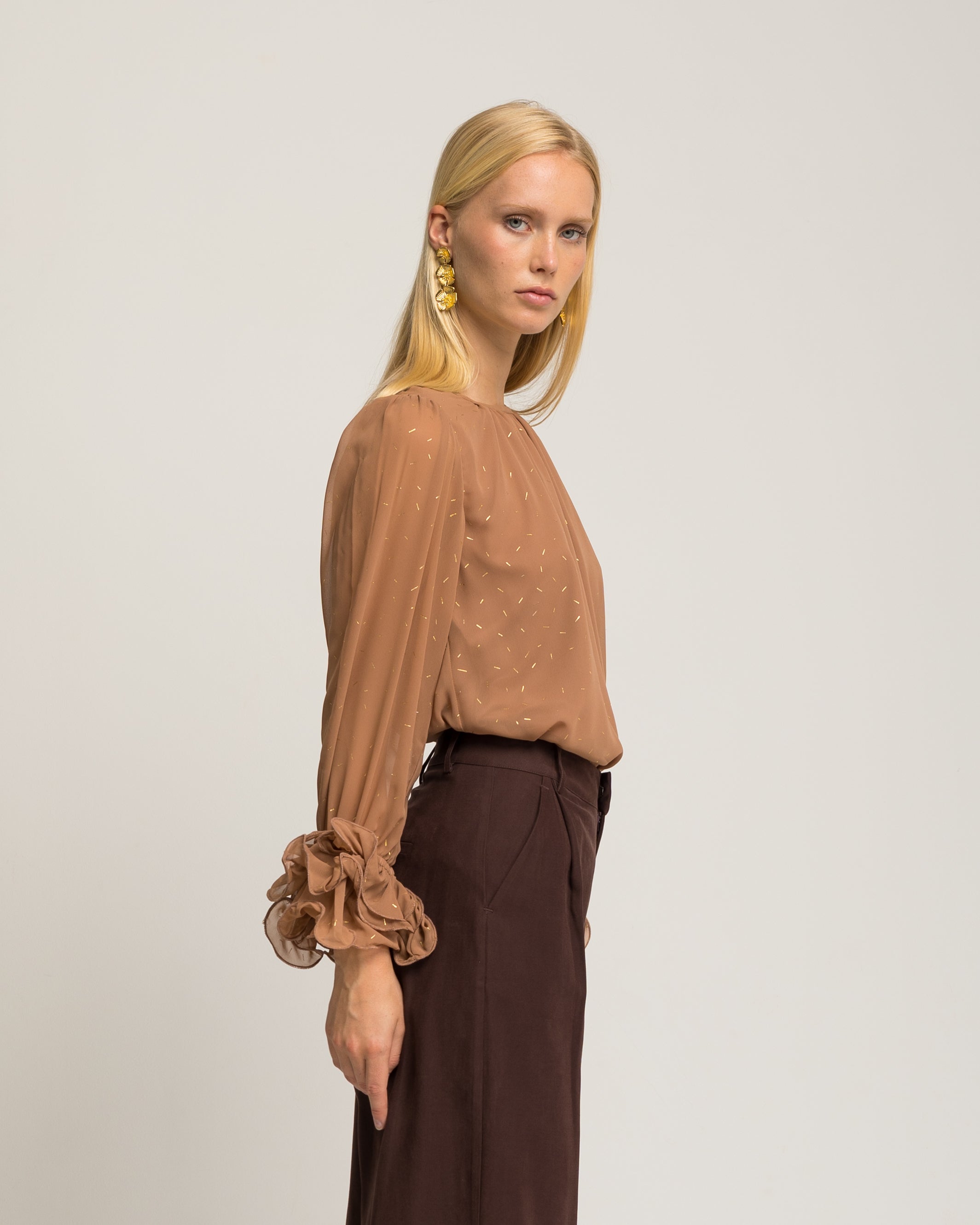 Blusa de Manga Comprida com Folhos nos Punhos Areia-4