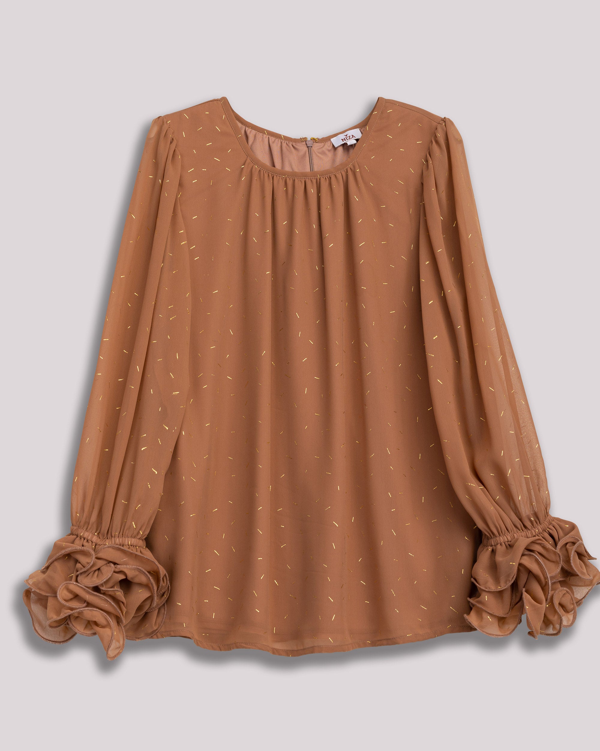Blusa de Manga Comprida com Folhos nos Punhos Areia-7