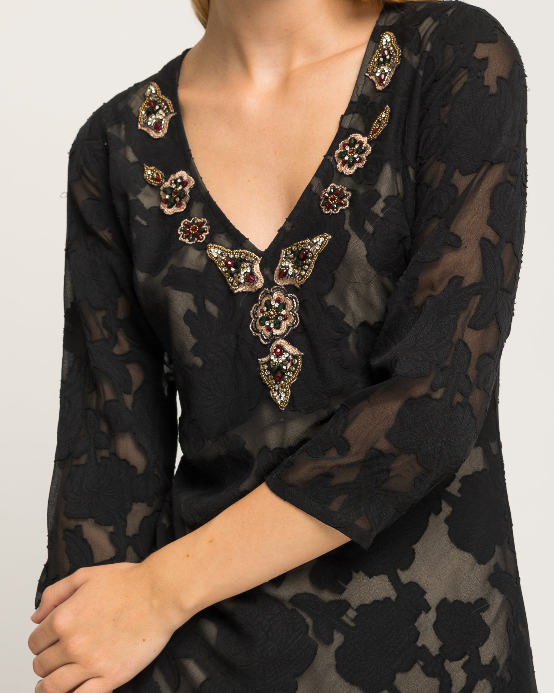 Vestido Comprido Preto de Manga Comprida Preto-5