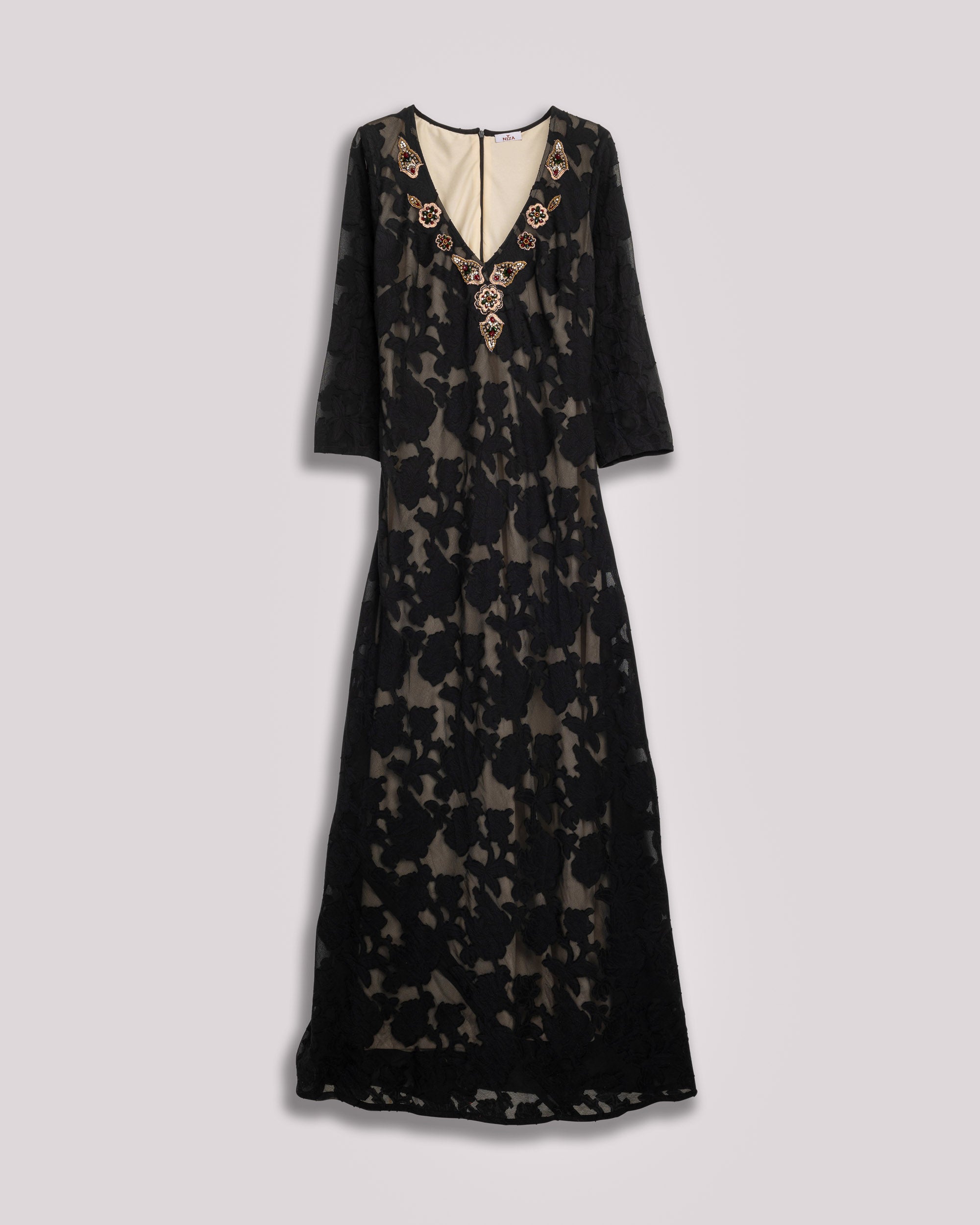 Vestido Comprido Preto de Manga Comprida Preto-8