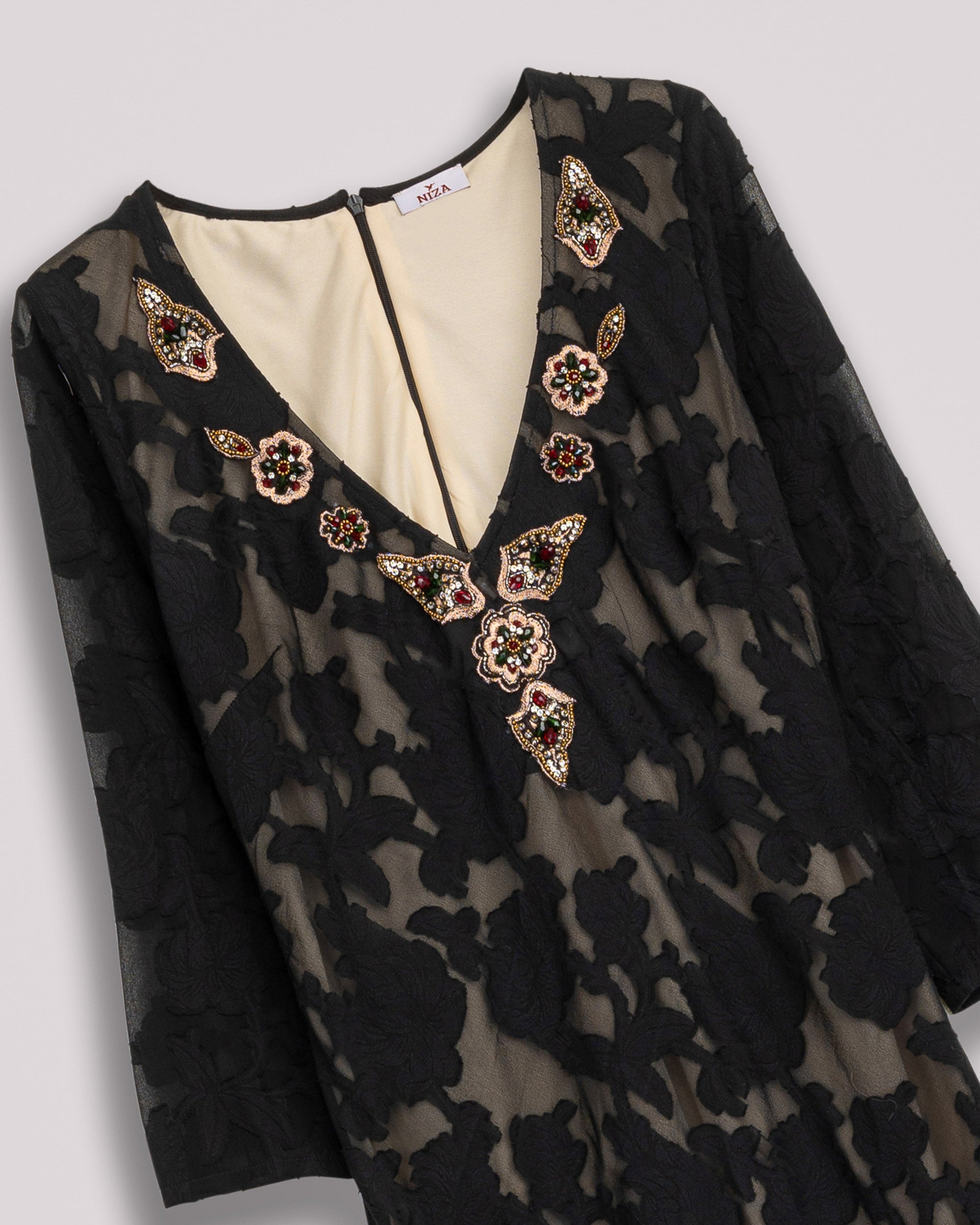 Vestido Comprido Preto de Manga Comprida Preto-9