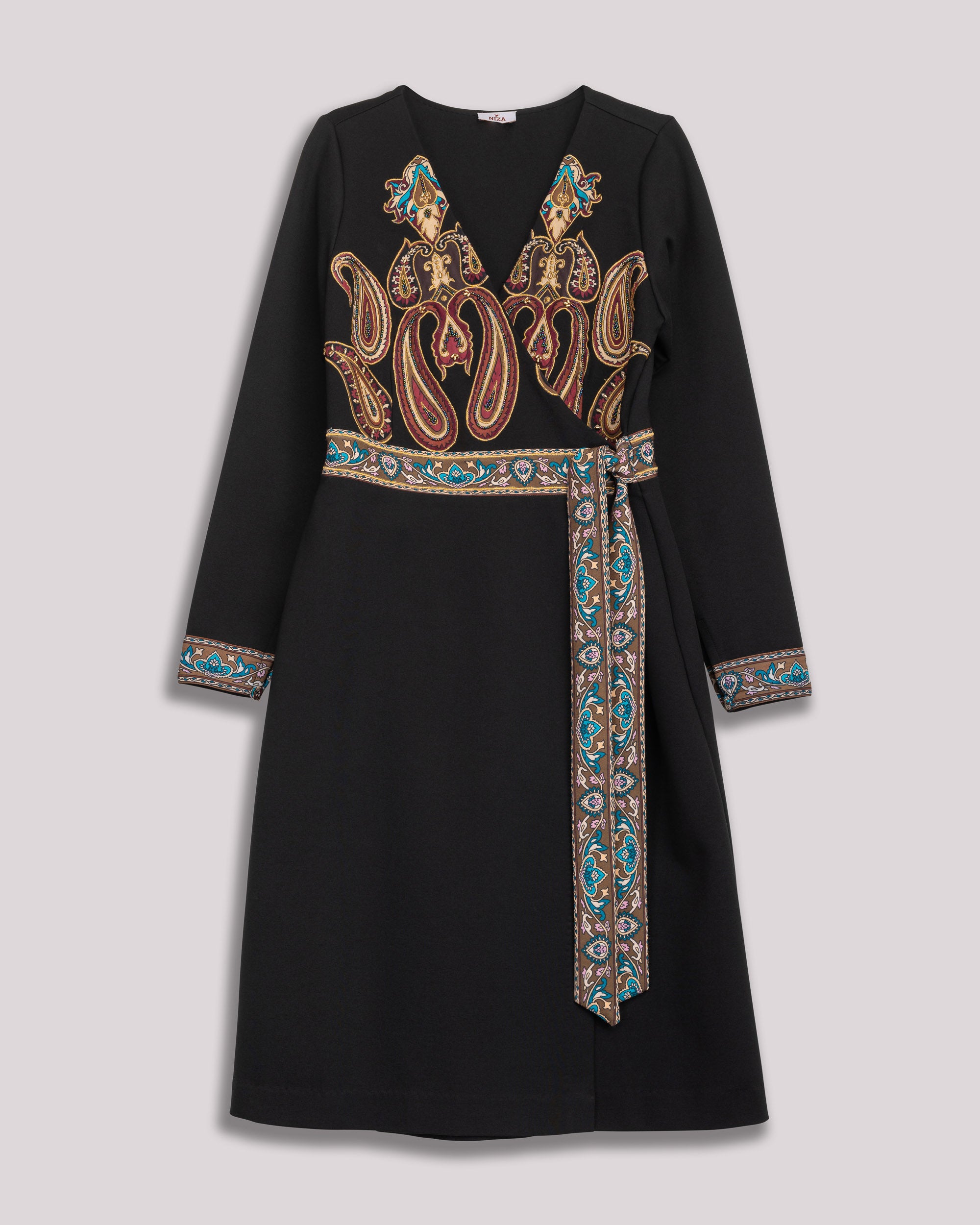 Vestido Midi Preto com Decote em V e Cenefas Preto-7