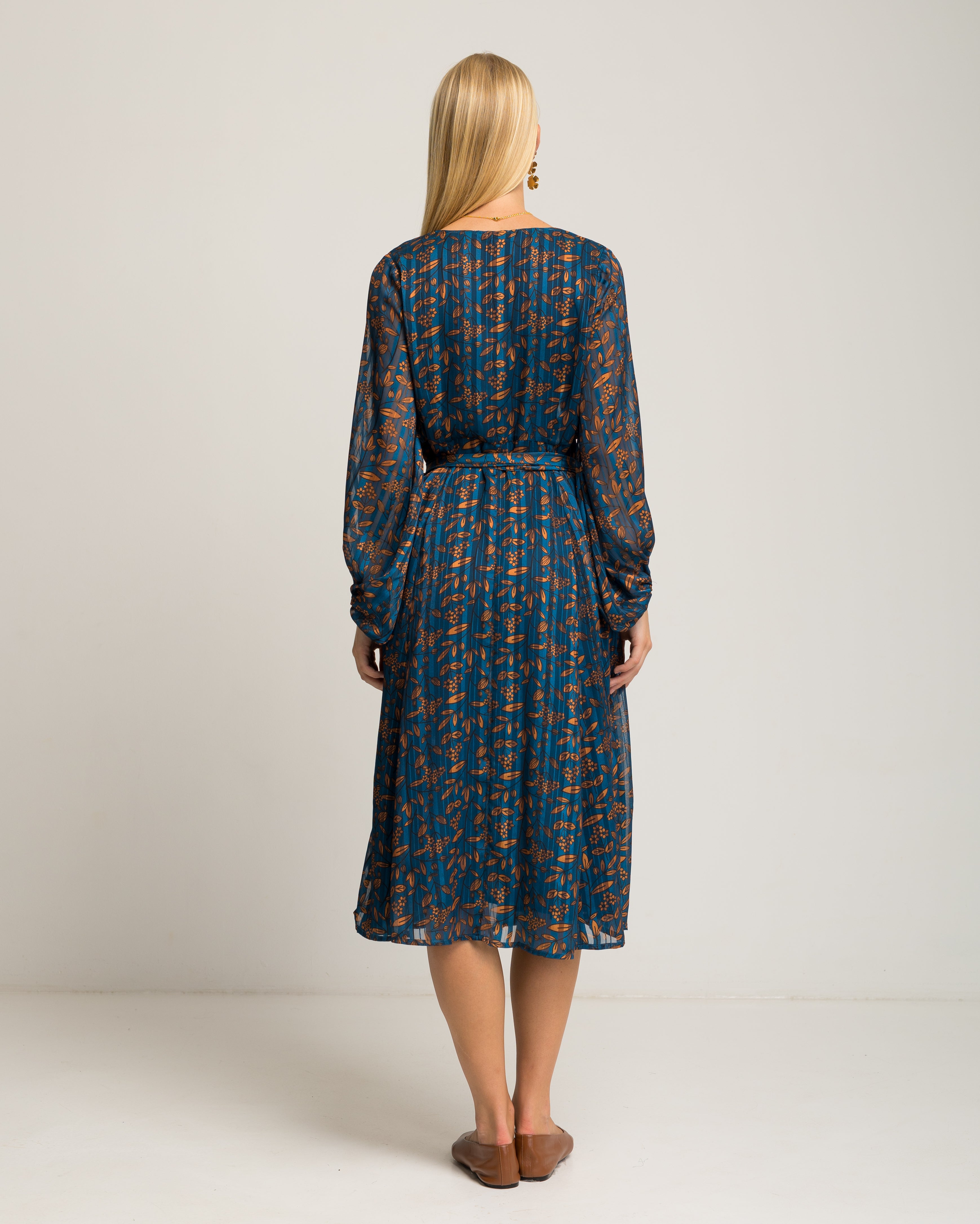 Vestido Midi Azul com Detalhes em Laranja Azul-4