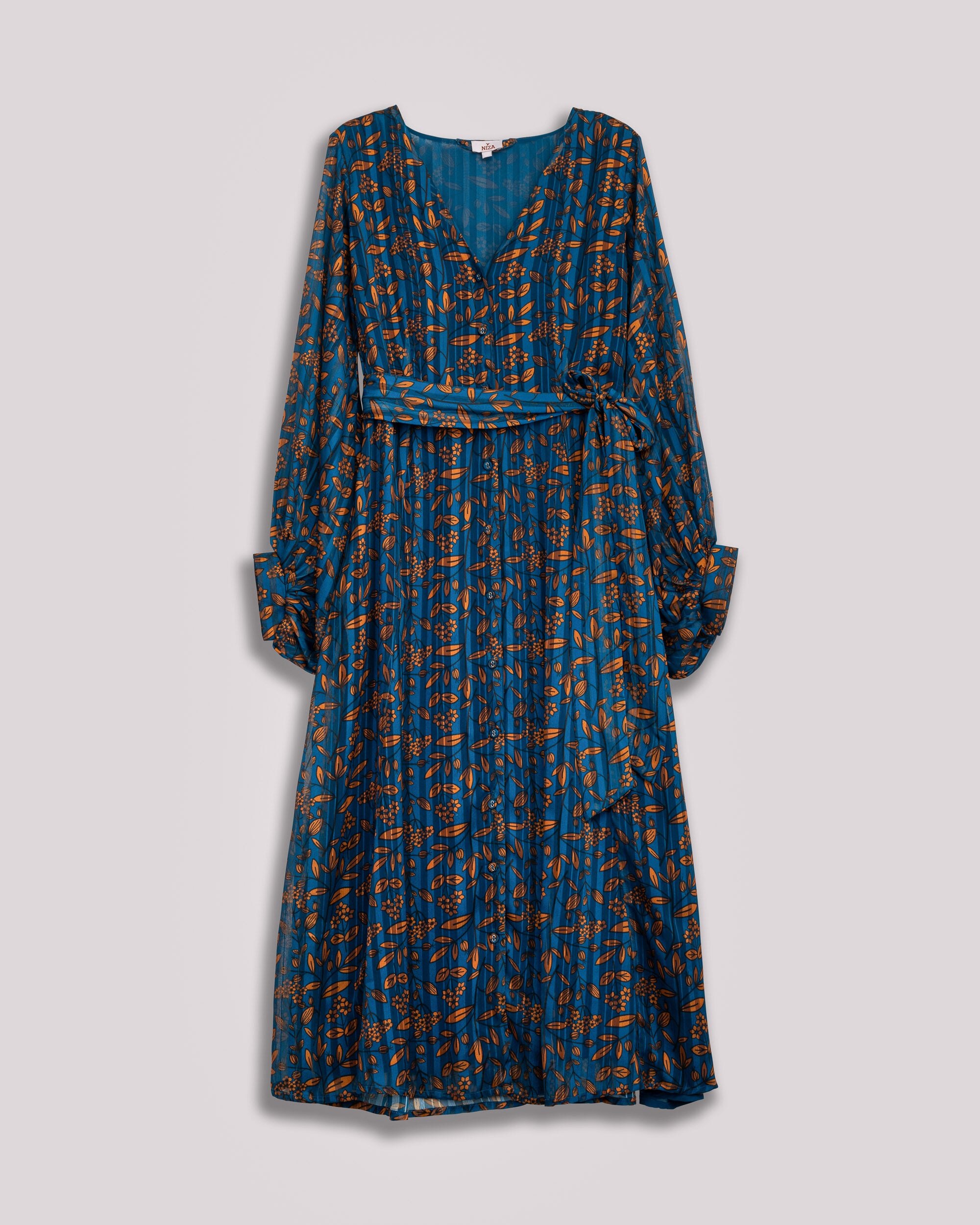 Vestido Midi Azul com Detalhes em Laranja Azul-7