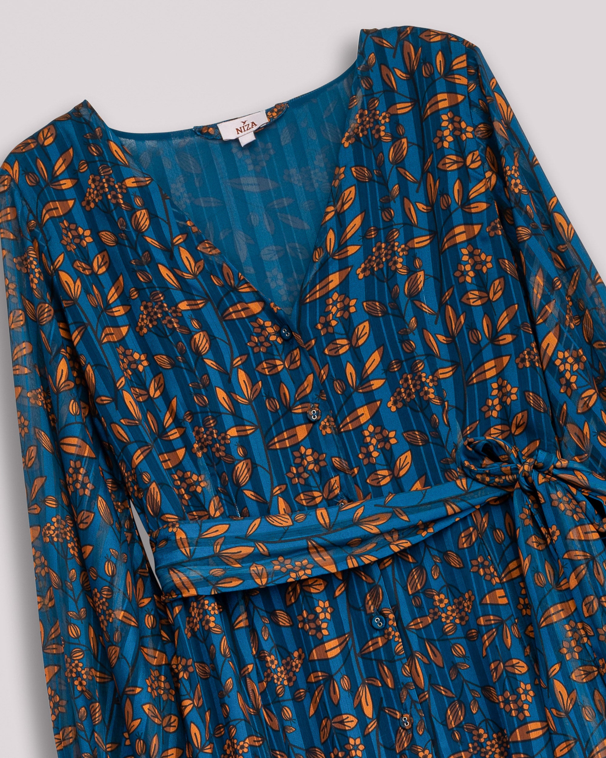 Vestido Midi Azul com Detalhes em Laranja Azul-8