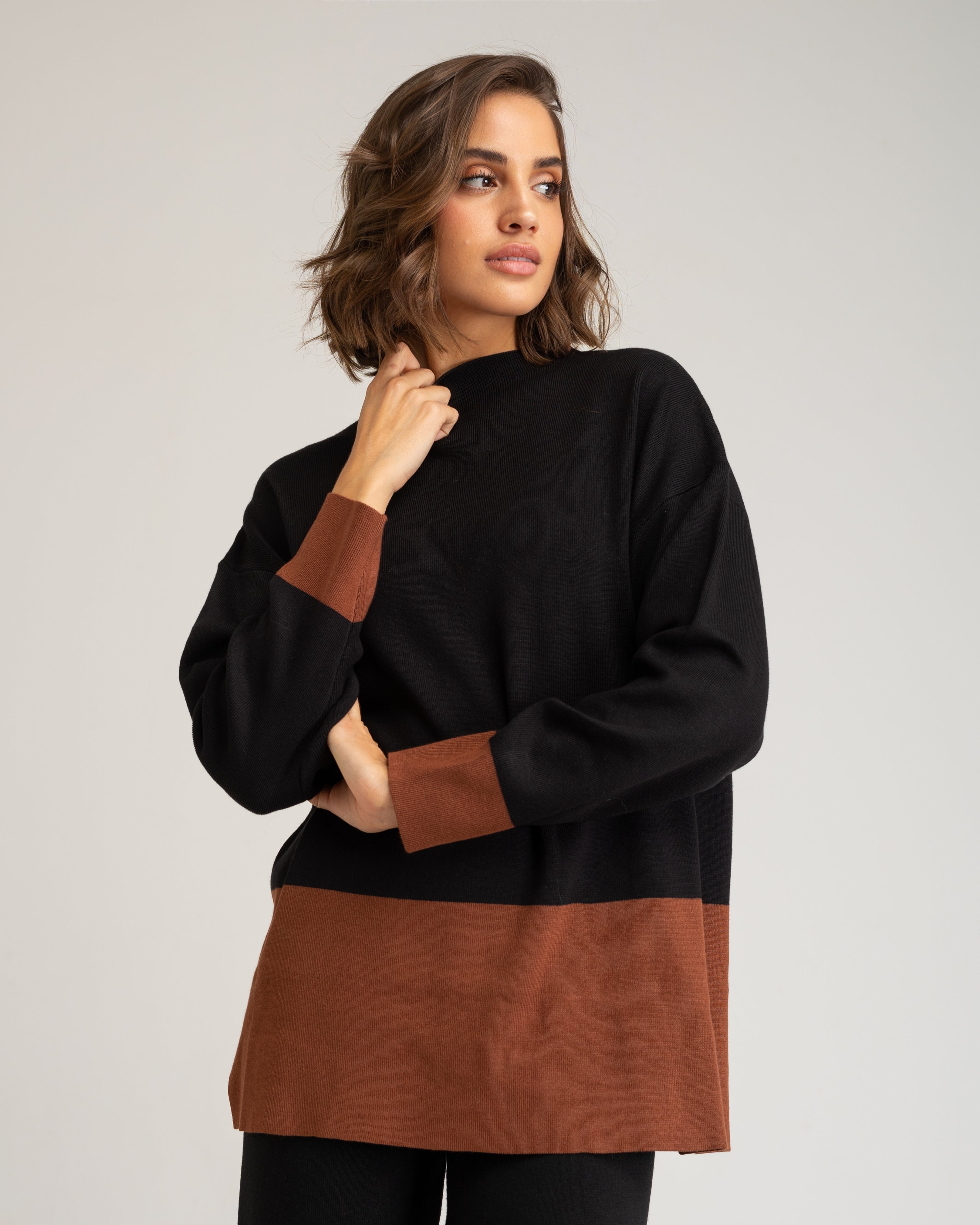 Camisola de Gola Alta e Design Folgado Castanho-escuro-1