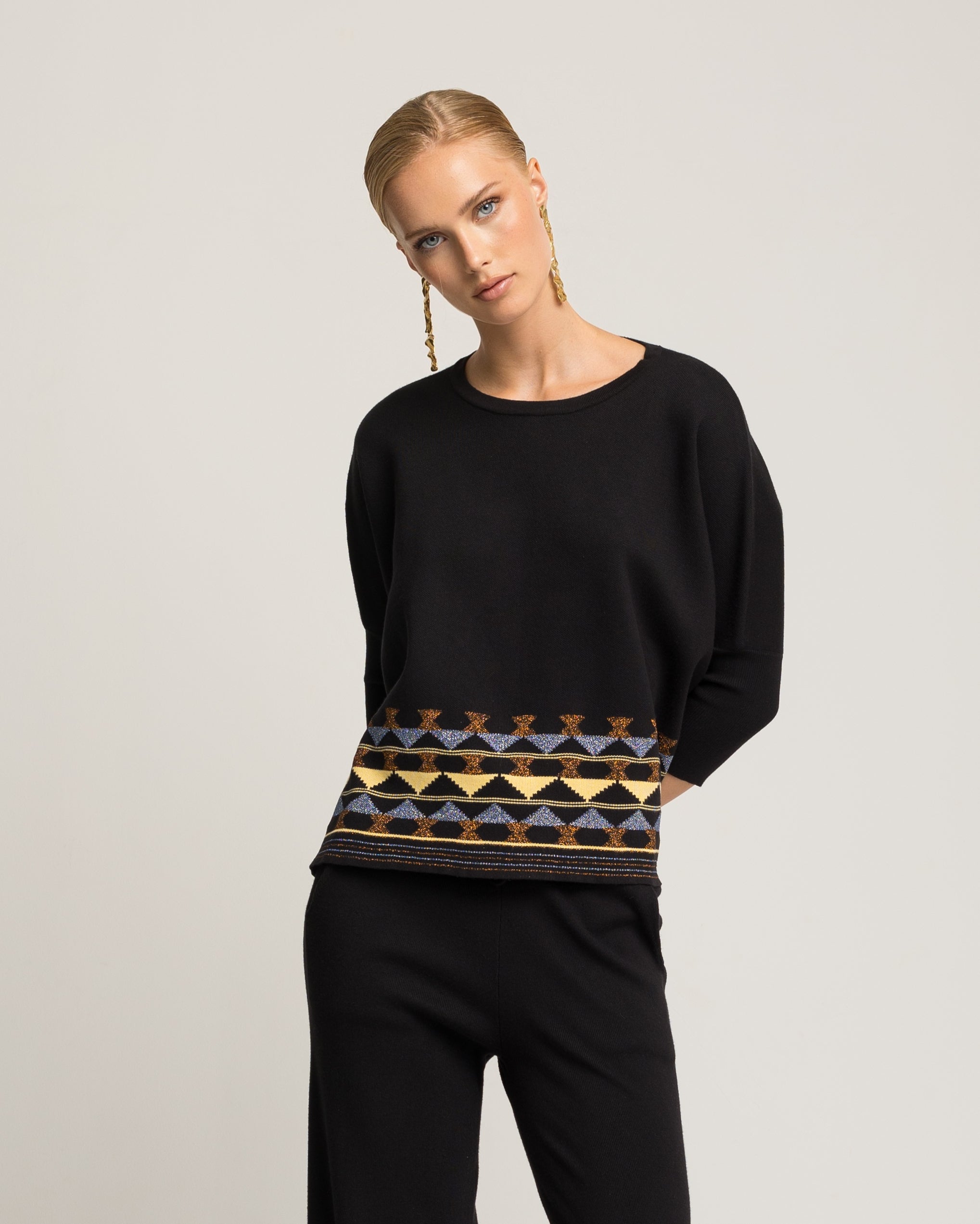 Camisola de Corte a Direito com Rebordo Decorativo e Ombros Caídos Azul-índigo-1