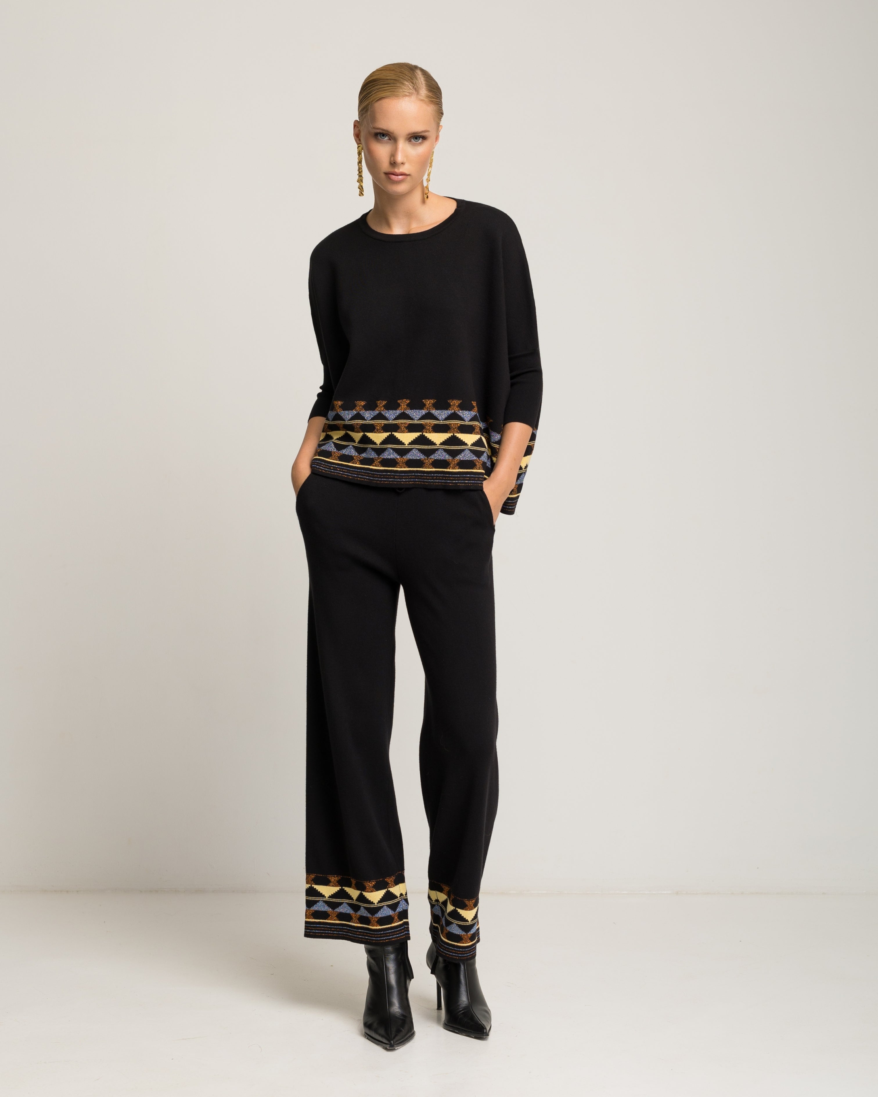 Camisola de Corte a Direito com Rebordo Decorativo e Ombros Caídos Azul-índigo-2