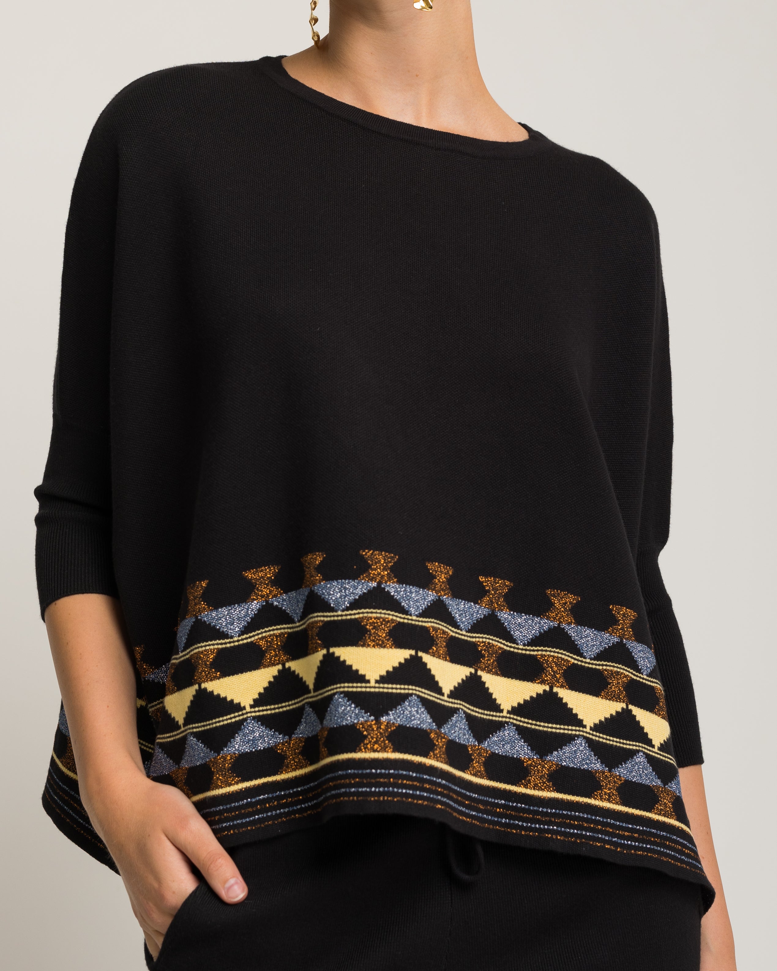 Camisola de Corte a Direito com Rebordo Decorativo e Ombros Caídos Azul-índigo-5