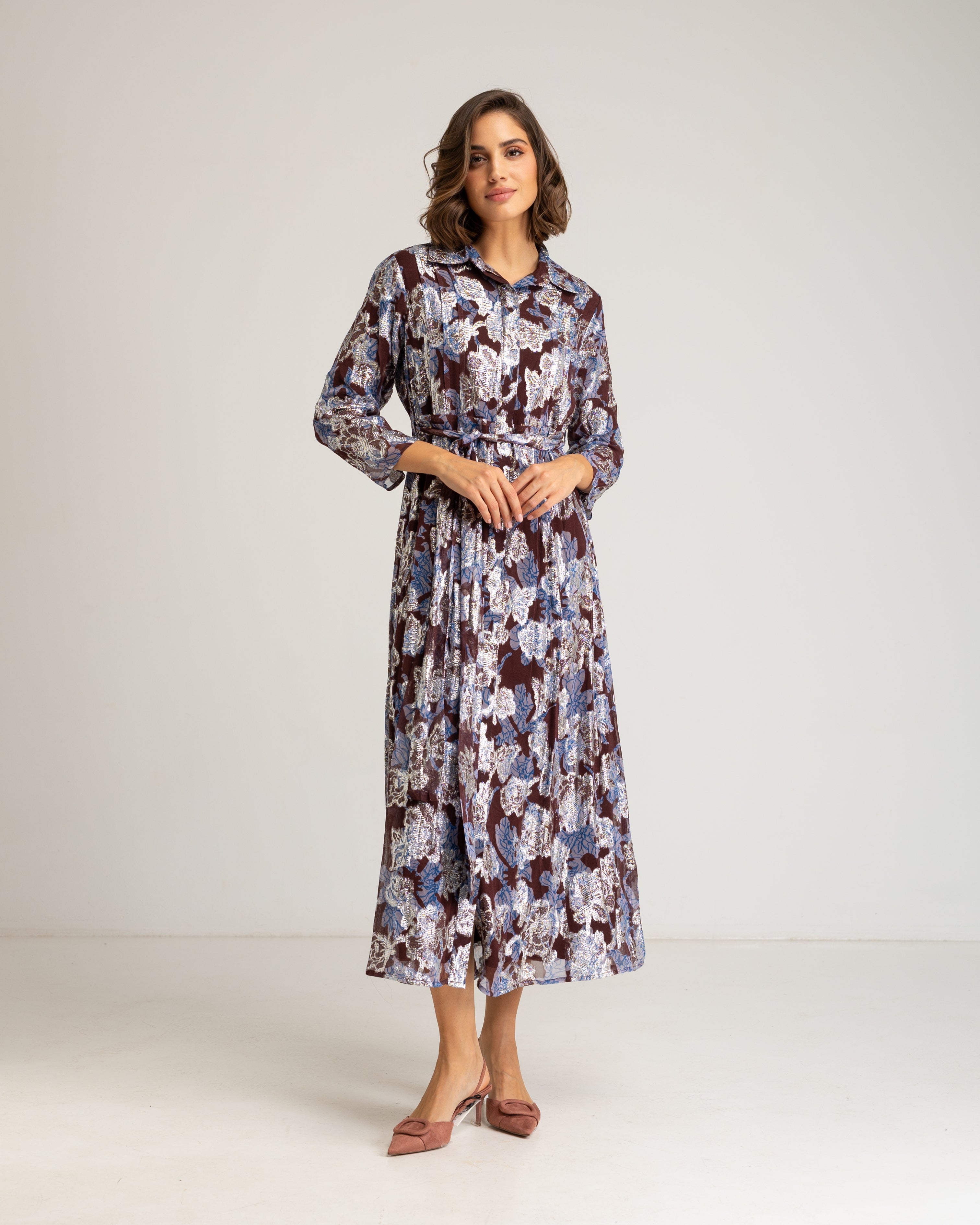 Vestido Comprido com Estampado Floral de Manga Comprida Azul-2