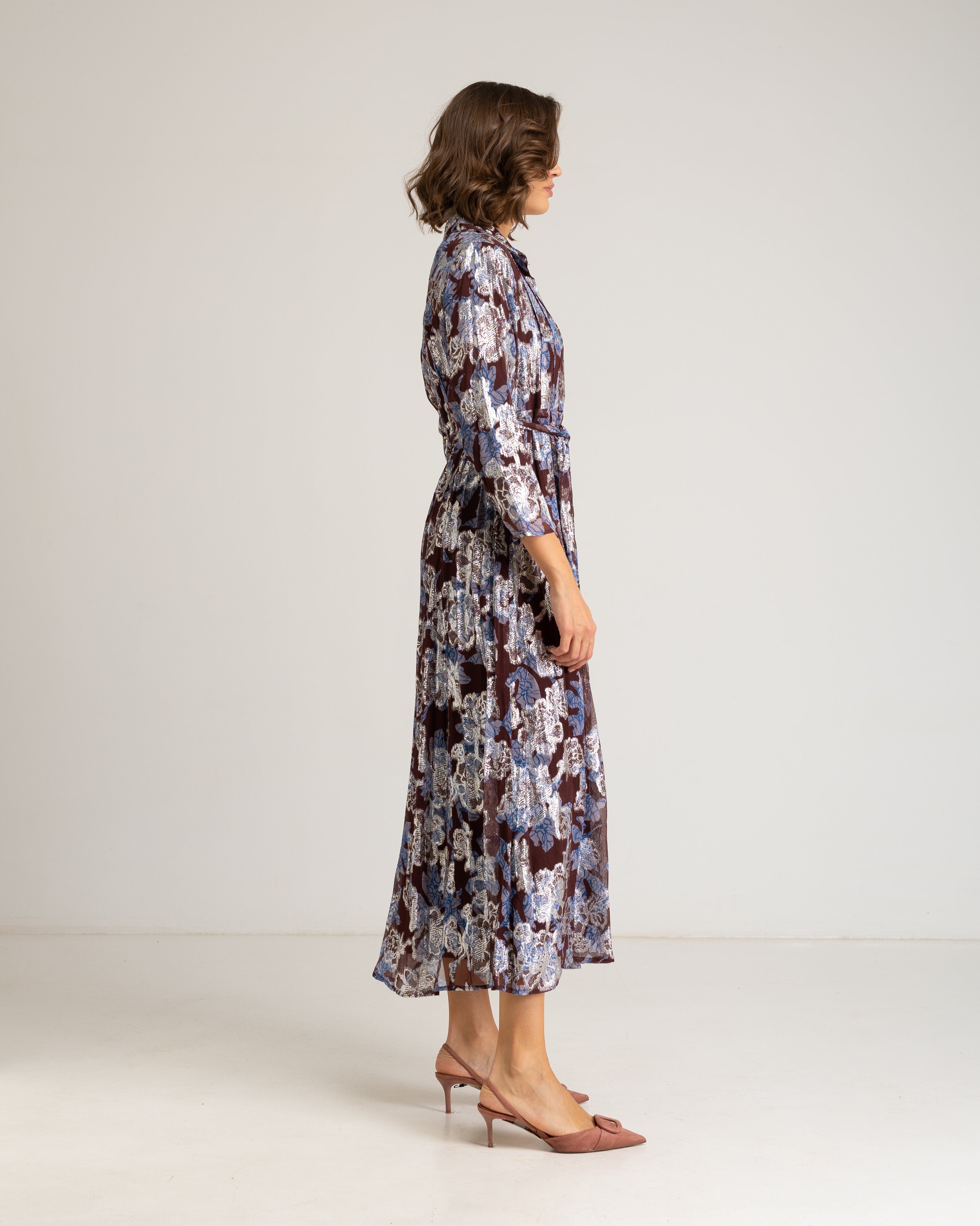 Vestido Comprido com Estampado Floral de Manga Comprida Azul-3